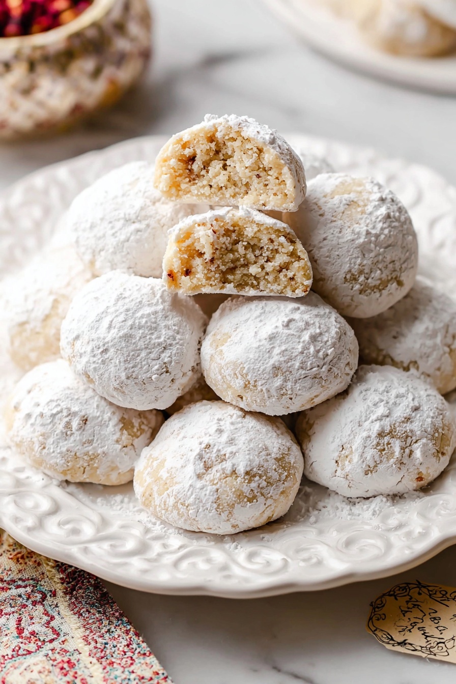 A white dish filled with many round cookies covered all over with white powdered sugar, each cookie showing a rough, crumbly texture through the sugar. The cookies are light brown under the sugar and piled closely together. One cookie near the top center has a bite taken out, showing a dense, soft inside. The dish has a red border with a simple red pattern inside. The background is a white marbled texture. photo taken with an iphone --ar 2:3 --v 7 - Christmas Snowball Cookies, holiday cookie recipes, melt-in-your-mouth Christmas cookies, easy holiday cookies, buttery snowball cookies
