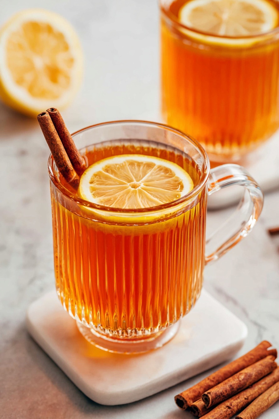 The image shows a clear textured glass mug filled with a warm amber-colored liquid, likely tea, with a bright yellow lemon slice floating near the top layer. Inside the mug, a thin metal spoon stands upright in the drink. The mug is placed on a white marbled surface, with two brown cinnamon sticks lying nearby. In the blurry background, there is a glass teapot containing more of the amber liquid and a basket holding a whole yellow lemon. A piece of dark teal fabric with frayed edges is partially visible on the left side. The scene feels cozy and inviting. photo taken with an iphone --ar 2:3 --v 7 - Non-Alcoholic Spiced Hot Toddy, cozy non-alcoholic winter drinks, warm spicy tea with lemon and honey, alcohol-free hot toddy recipe, comforting hot beverage