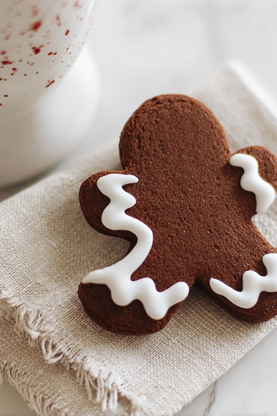 The image shows a single gingerbread cookie shaped like a gingerbread person with one bite taken out of the head. The cookie is a dark brown color and decorated with a simple thick white icing outline that follows the shape of the cookie's edges. It is placed on a beige textured cloth, which lies on a white marbled surface. Part of a white cup with small red speckles can be seen behind the cookie. The overall setting is bright and softly lit. photo taken with an iphone --ar 2:3 --v 7 - Chocolate Gingerbread Cookie, gingerbread chocolate cookies, soft gingerbread cookies with chocolate, holiday gingerbread cookies, spiced chocolate cookies