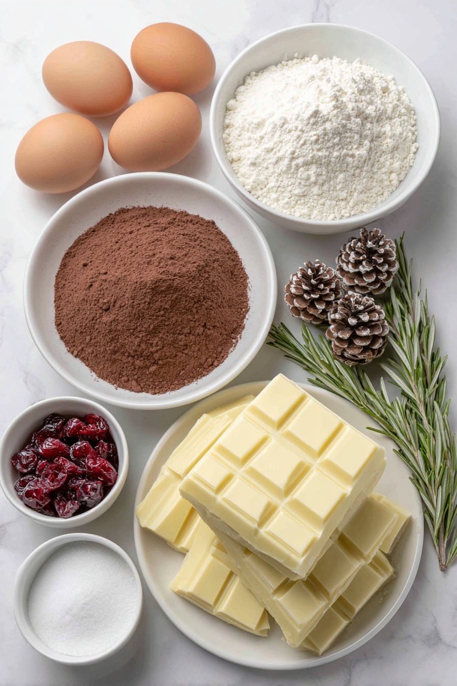 Flat lay of chopped white chocolate in a simple white ceramic bowl, fresh heavy cream in a small white bowl, two whole uncracked brown eggs, a mound of sifted cocoa powder on a white plate, a small white bowl with espresso powder, a pinch of sea salt scattered on a white plate, whole milk in a small white bowl, a few sprigs of fresh rosemary, granulated sugar on a white plate, whole cake flour on a white plate, dark chocolate chopped in a white ceramic bowl, meringue mushrooms on a small white plate, sugared cranberries in a small white bowl, almond pine cones on a white plate, and a small bowl of vanilla extract placed on a clean white marble surface, soft natural light, photo taken with an iPhone, professional food photography style, fresh ingredients, white ceramic bowls, no bottles, no duplicates, no utensils, no packaging --ar 2:3 --v 7 --p m7354615311229779997 - Chocolate Peppermint Yule Log, Christmas Yule Log Dessert, Holiday Chocolate Cake, Peppermint Cake Roll, Elegant Christmas Dessert