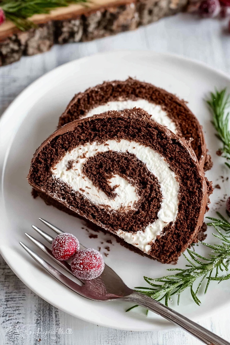 A single slice of chocolate roll cake sits on a white plate, featuring three visible layers of soft dark brown chocolate sponge cake tightly wrapped around two thick layers of smooth white cream filling, forming a spiral pattern. The outer edge has a darker chocolate frosting that appears rich and slightly textured. The plate also holds two red sugared cranberries and a few sprigs of fresh green rosemary placed to the right side, adding color contrast. A silver fork lies diagonally across the plate’s bottom edge. The background is a white marbled surface with an exposed piece of wood and additional sugared cranberries in the upper part of the image. Photo taken with an iphone --ar 2:3 --v 7 - Chocolate Yule Log Cake, festive chocolate log cake, holiday Yule log dessert, easy chocolate Yule log, Christmas cake log