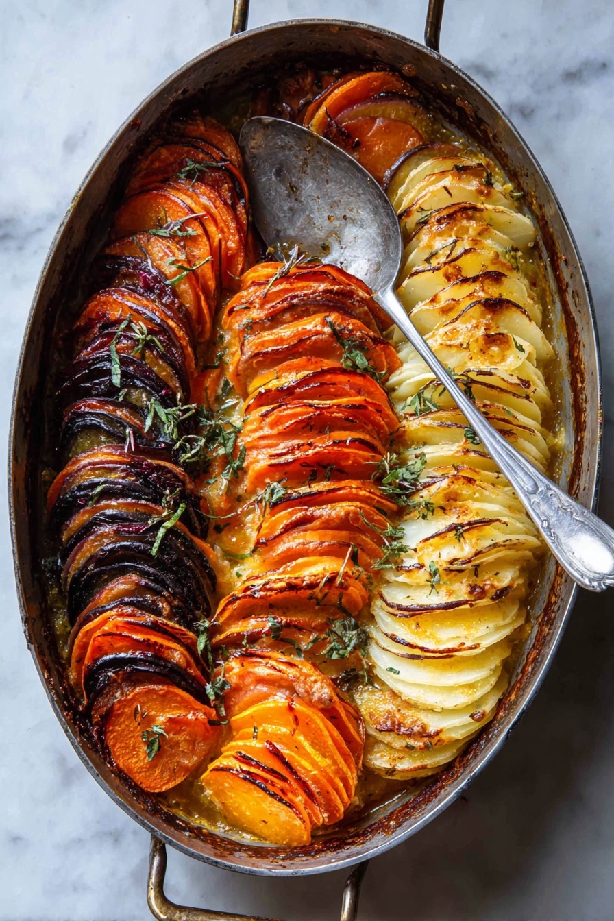 An oval metal baking dish holds a colorful layered vegetable gratin arranged in a neat row of five groups. Starting from the top left, there is a layer of bright orange slices, followed by a layer of pale yellow slices with light browning, next to a middle layer of deep purple slices with some charred edges. Below that, there is another layer of bright orange slices, similar to the top, and lastly, a layer of pale off-white slices with some golden spots at the bottom right. The slices are thin and arranged closely in vertical rows, with some fresh green herb sprigs sprinkled on top. A large metal spoon rests inside the dish on a white marbled surface beneath it. photo taken with an iphone --ar 2:3 --v 7 - Cheesy Root Vegetable Gratin, baked root vegetable side dish, creamy vegetable gratin, vegetable gratin with cheese, holiday vegetable casserole