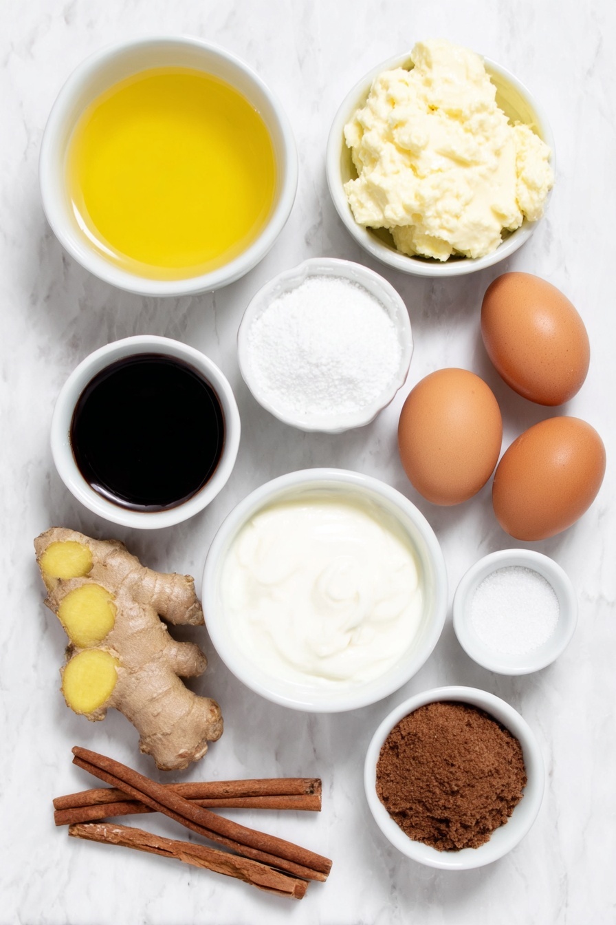 Flat lay of a small white ceramic bowl of water, a small white ceramic bowl of golden honey, a small white ceramic bowl of dark molasses, a few thin slices of fresh ginger root, two cinnamon sticks arranged neatly, a small white ceramic bowl with clear vanilla extract, a few glossy whole brown eggs with clean shells, a small white ceramic bowl of heavy cream, a small white ceramic bowl of ground cinnamon, a small white ceramic bowl of coarse sugar, a handful of mini gingerbread cookies, and a few ice cubes scattered naturally, all placed with perfect symmetry and balanced proportions on a clean white marble surface, soft natural light, photo taken with an iPhone, professional food photography style, fresh ingredients, white ceramic bowls, no bottles, no duplicates, no utensils, no packaging --ar 2:3 --v 7 --p m7354615311229779997 - Gingerbread White Russian Cocktail, holiday coffee cocktails, festive holiday drinks, creamy holiday cocktails, gingerbread liqueur drinks