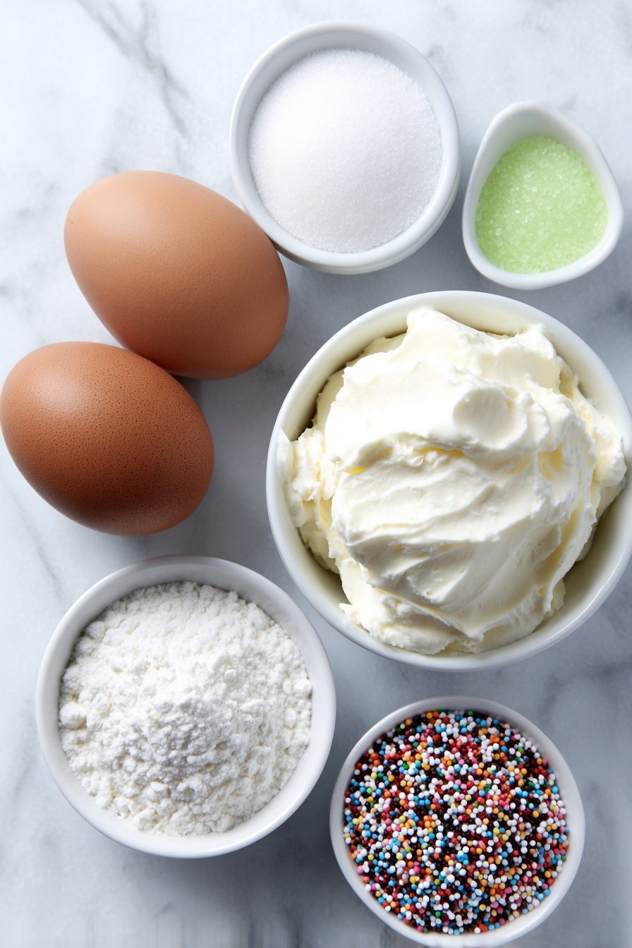 Flat lay of two large whole brown eggs, a small white ceramic bowl of fine white granulated sugar, a small white ceramic bowl of cream of tartar powder, a small white ceramic bowl with bright green gel food coloring, and a small white ceramic bowl filled with colorful round sprinkles, all arranged in perfect symmetry on a clean white marble surface, soft natural light, photo taken with an iPhone, professional food photography style, fresh ingredients, white ceramic bowls, no bottles, no duplicates, no utensils, no packaging --ar 2:3 --v 7 --p m7354615311229779997 - Christmas Tree Meringue Cookies, festive holiday cookies, easy meringue treats, Christmas dessert ideas, holiday baking recipes