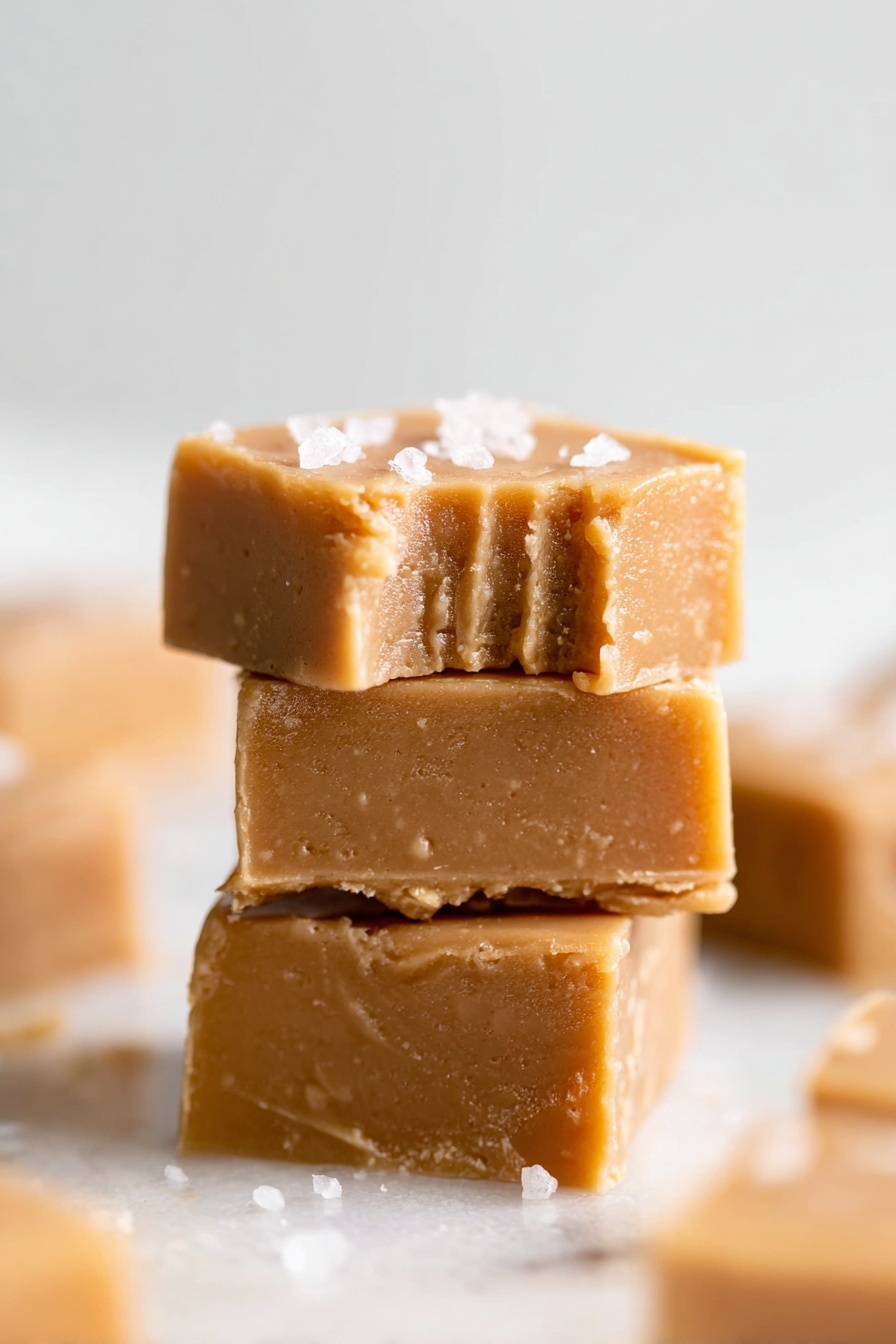 This image shows a stack of three square fudge pieces on a white marbled surface. The fudge has a smooth, creamy texture with a warm light brown color. The top piece has a bite taken from the front right corner, showing a soft inside with a slightly grainy look. Some coarse salt flakes are sprinkled on the top layer, adding small bright white spots. In the background, blurry pieces of more fudge are scattered around. The overall focus is sharp on the stacked fudge with a plain, soft white backdrop. Photo taken with an iphone --ar 2:3 --v 7 - Vegan Peanut Butter Fudge, vegan dessert, dairy-free fudge, quick vegan sweets, healthy peanut butter treats