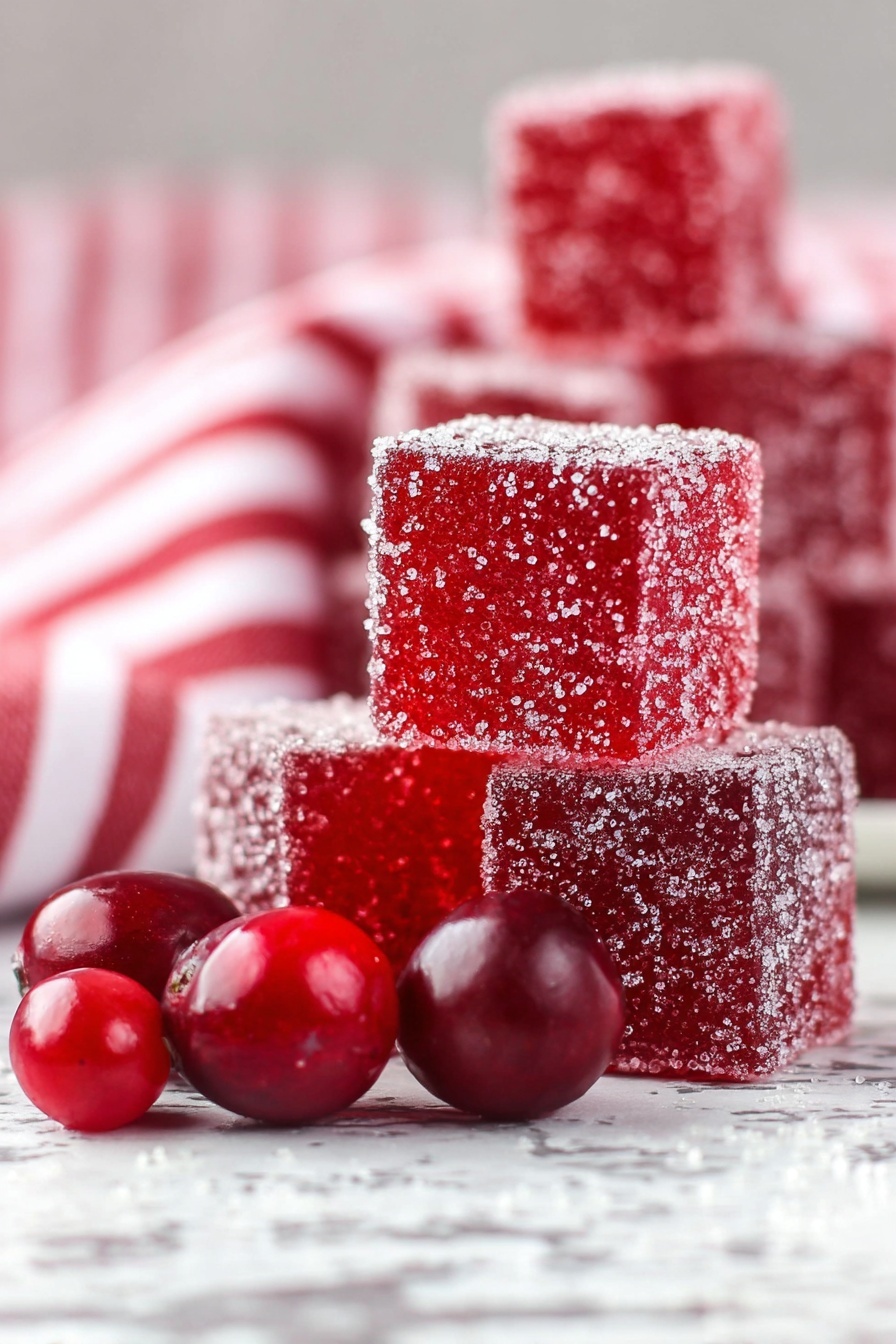 The image shows square red fruit jelly candies coated with sugar crystals, stacked in multiple layers with some pieces in focus and others blurred behind. In front of the stacked jellies are shiny whole red cranberries with smooth surfaces. The background includes a soft-focus red and white striped cloth, and the setup rests on a white marbled texture. The colors highlight the bright red of the jellies and cranberries against the neutral background. photo taken with an iphone --ar 2:3 --v 7 - Cranberry Jelly Candies, cranberry candies recipe, festive jelly candies, homemade cranberry candies, holiday cranberry treats