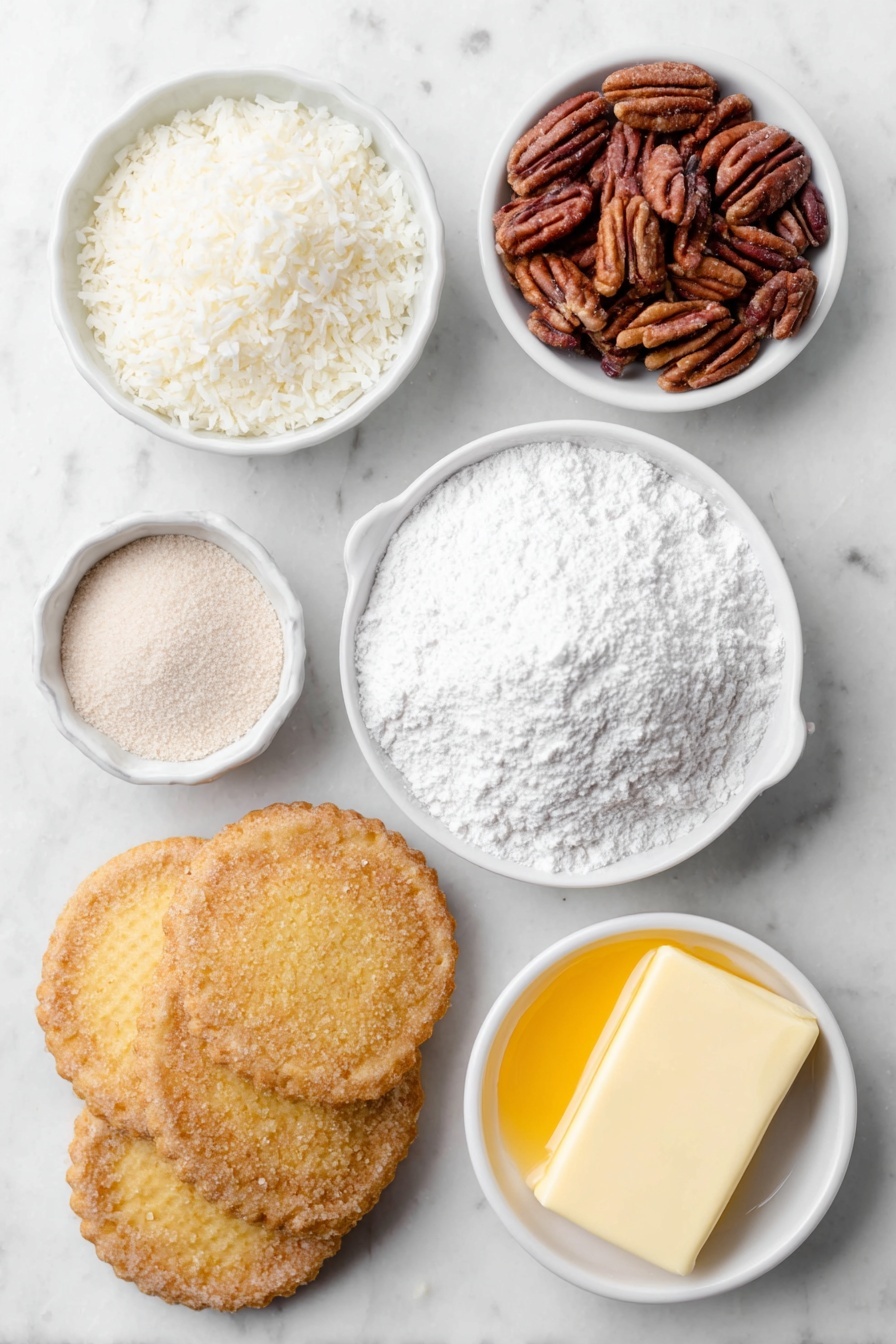 Flat lay of a small mound of golden vanilla wafer cookies, a handful of whole pecans, a small white ceramic bowl filled with white coconut flakes, a small white ceramic bowl holding fine white powdered sugar, a small white ceramic bowl with bright orange thick orange juice concentrate, a few whole vanilla beans pod pieces, and a stick of soft unsalted butter on a white ceramic dish, all arranged with perfect symmetry and realistic proportions, placed on a clean white marble surface, soft natural light, photo taken with an iPhone, professional food photography style, fresh ingredients, white ceramic bowls, no bottles, no duplicates, no utensils, no packaging --ar 2:3 --v 7 --p m7354615311229779997 - Orange Coconut Snowball Cookies, tropical cookie recipes, coconut ball cookies, easy holiday cookies, citrus dessert recipes