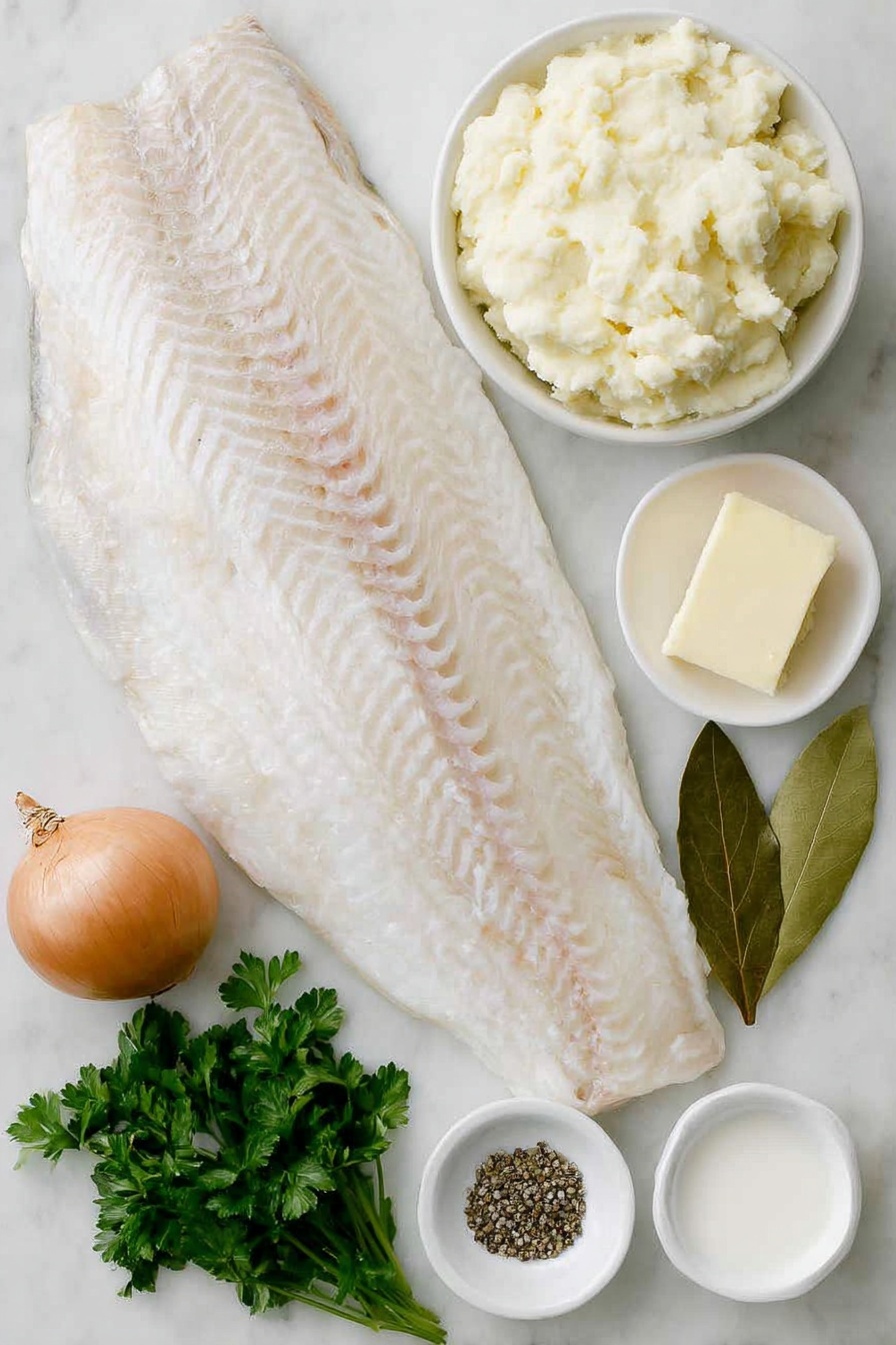 Flat lay of a whole smoked haddock fillet with natural skin, a small bunch of fresh parsley sprigs with separated leaves and stalks, a single fresh bay leaf, a medium brown onion unpeeled, a pat of unsalted butter on a white ceramic dish, a small white bowl filled with creamy mashed potatoes, a small white bowl holding whole milk, a small white bowl of kosher salt, a small white bowl containing freshly ground black pepper, placed on a clean white marble surface, soft natural light, photo taken with an iPhone, professional food photography style, fresh ingredients, white ceramic bowls, no bottles, no duplicates, no utensils, no packaging --ar 2:3 --v 7 --p m7354615311229779997 - Scottish Smoked Haddock Soup, Cullen Skink, Scottish seafood soup, smoked haddock recipes, traditional Scottish soup