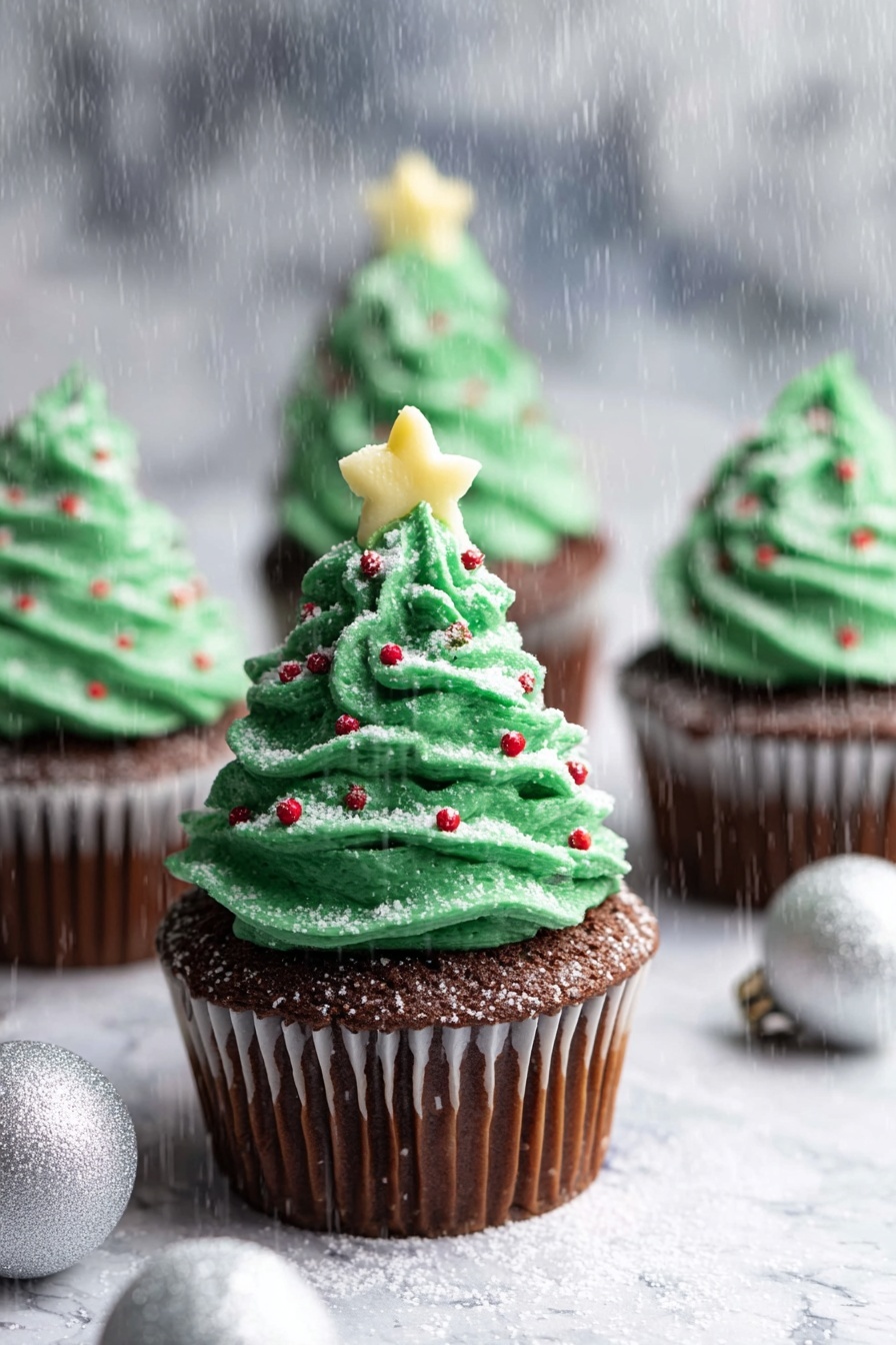 The image shows four cupcakes with chocolate bases wrapped in paper liners. Each cupcake has one tall, swirling layer of thick green frosting shaped like a Christmas tree on top. The frosting is decorated with small red round sprinkles and a dusting of powdered sugar that looks like snow. There is a small yellow star-shaped candy placed at the peak of the frosting on the front cupcake. The cupcakes sit on a white marbled surface with a few blurred silver ornaments in the background, and powdered sugar is falling over them like snow. Photo taken with an iphone --ar 2:3 --v 7 - Christmas Tree Chocolate Cupcakes, festive cupcakes, holiday dessert recipes, easy Christmas cupcakes, chocolate holiday treats