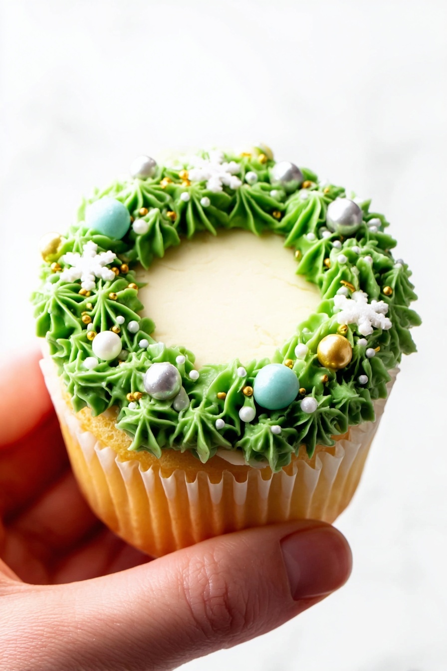 A single cupcake held by a woman's hand shows three main parts: the light golden cupcake base with ridged white paper wrapper at the bottom, a flat white cream layer on top covering the whole surface, and a decorative green frosting wreath around the edge. The green frosting is piped in star-shaped dollops, forming a circular border. This border is decorated with small round sprinkles in shiny gold, silver, light blue, and solid white, along with tiny white rod sprinkles and a few white star-shaped sprinkles. The background is plain white marbled texture. photo taken with an iphone --ar 2:3 --v 7 - Festive Vanilla Cupcakes with Buttercream, vanilla cupcake recipe, holiday cupcake ideas, moist vanilla cupcakes, easy buttercream frosting