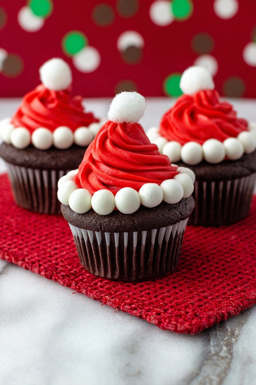 Three dark chocolate cupcakes sit on a bright red woven mat over a white marbled surface. Each cupcake has three layers of decoration; the base is the dark brown cupcake, topped with a swirl of bright red frosting shaped like a Santa hat, and a ring of white dollops around the base of the red frosting resembling the hat's trim. On top of each red swirl is a small white dollop mimicking a pom-pom. The background has soft out-of-focus red, green, and brown polka dots. photo taken with an iphone --ar 2:3 --v 7 - Santa Hat Cupcakes with Red Frosting, festive cupcake ideas, Christmas holiday treats, easy holiday baking, cute Christmas dessert ideas