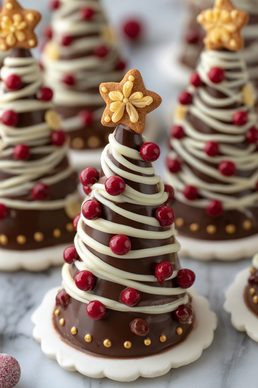 The image shows a festive chocolate cone shaped like a Christmas tree placed on a round white scalloped-edged chocolate base decorated with small golden dots. The cone is dark brown with smooth texture and wrapped in white chocolate drizzles spiraling down like garlands. Red shiny round candies are placed evenly along the white drizzle, resembling ornaments. The top of the tree has a small golden star made of cookie that looks crunchy. In the background, there are more similar chocolate trees with small yellow flower-like decorations on their cones, all set on a white marbled surface. photo taken with an iphone --ar 2:3 --v 7 - Christmas Chocolate Tree Treats, holiday chocolate desserts, festive Christmas treats, easy holiday Chocolates, kids Christmas treats