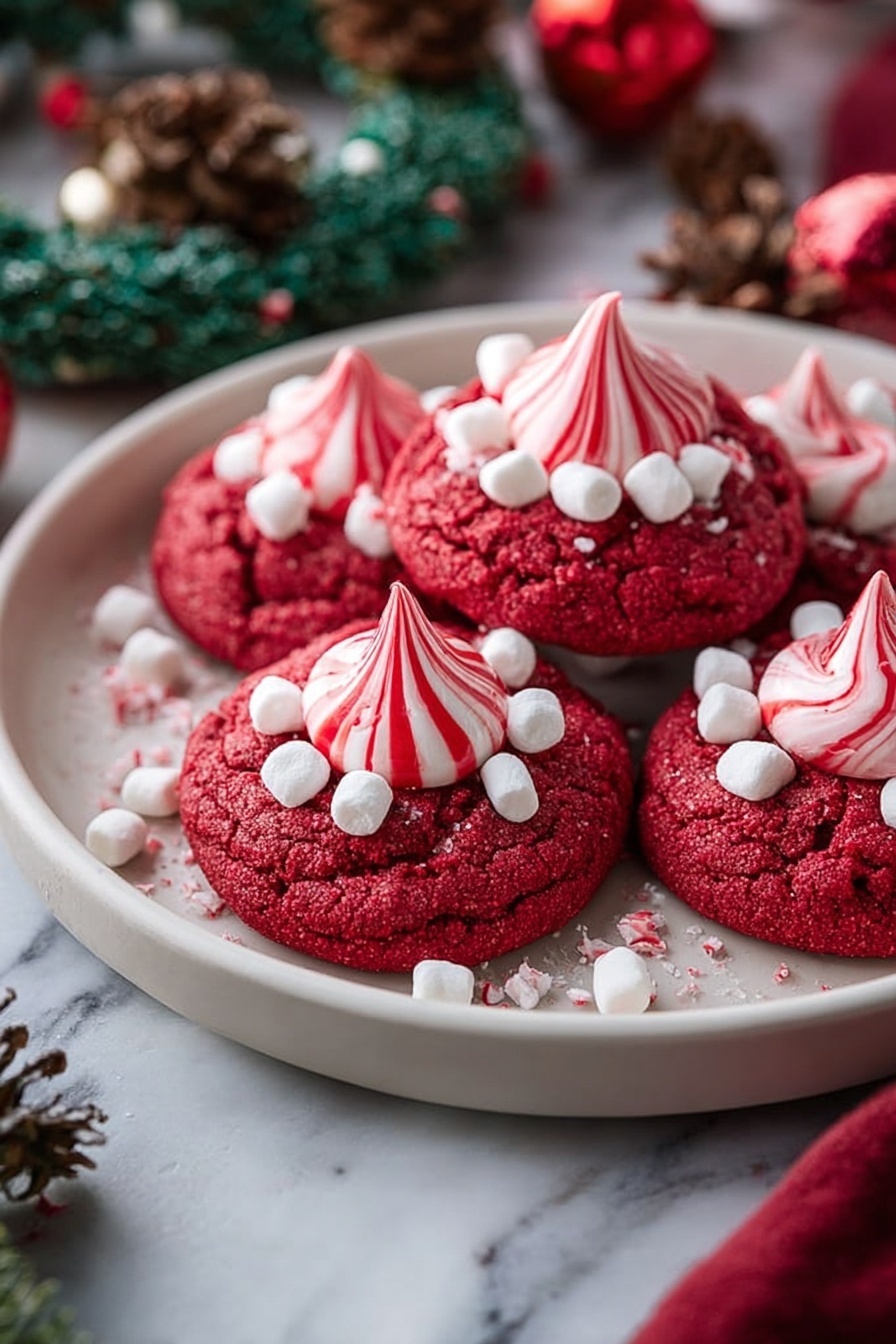 The image shows a group of red cookies with a soft texture, stacked closely on a white plate. Each cookie has one large white swirl-shaped peppermint candy with red stripes standing in the center. Around the peppermint swirl, there are small white marshmallows and crushed red and white peppermint pieces scattered on the top surface of the cookies. The plate is placed on a white marbled surface, adding a clean and bright background to the red and white color contrast of the cookies. photo taken with an iphone --ar 2:3 --v 7 - Red Velvet Peppermint Blossoms, festive holiday cookies, peppermint holiday treats, crimson red velvet cookies, seasonal peppermint desserts