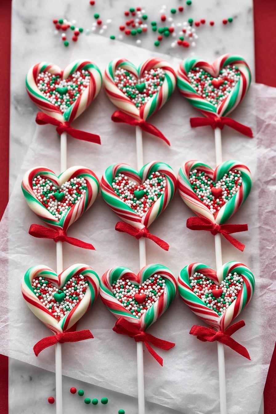 There are eight heart-shaped candy sticks laid out in two rows on a white tray covered with white parchment paper, all on a white marbled surface. Each candy stick has a red-and-white or green-and-white twisted candy forming the outer heart, with a small white heart in the center topped with red, green, and white round sprinkles. The candy sticks have white sticks at the bottom, each tied with a small red ribbon. Scattered red, green, and white sprinkles are spread around the tray on the marbled surface. photo taken with an iphone --ar 2:3 --v 7 - Festive Candy Cane Heart Lollipops, holiday candy crafts, DIY Christmas lollipops, heart-shaped candy treats, holiday gift ideas