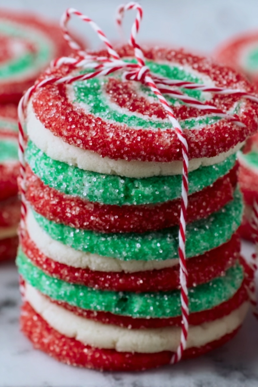A close-up of a stack of thick, round cookies tied with a red and white string. Each cookie has alternating layers of red, white, and green sugar sprinkles, giving a festive look. The red layers are bright with a rough sugar texture, the white layers are smooth and lighter, and the green layers add a fresh contrast. The cookies are stacked on top of each other, showing the colorful striped pattern on their sides. The background is a white marbled texture. Photo taken with an iphone --ar 2:3 --v 7 - Christmas Pinwheel Cookies, festive holiday cookies, colorful swirl cookies, easy Christmas cookie recipes, holiday baking ideas