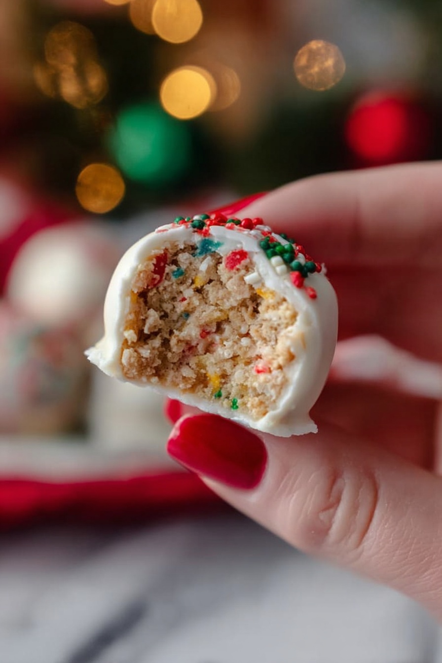The image shows a white plate with speckles holding round white cookies decorated with thin red stripes and small green sprinkles. One cookie at the top right has a bite taken out, revealing a soft brown inside. The cookies are arranged closely together over the white marbled surface background. photo taken with an iphone --ar 2:3 --v 7 - Christmas Tree Cake Truffles, festive holiday treats, easy holiday desserts, Christmas dessert ideas, no-bake Christmas truffles