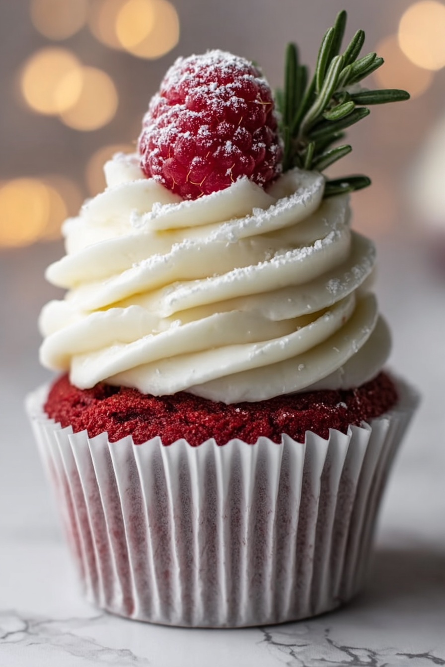 A single red cupcake sits in a white paper liner on a white marbled surface. It has two main layers: the bottom layer is a deep red cake with a soft texture, and the top layer is thick, creamy white frosting swirled in a spiral pattern. On the very top of the frosting, there is a bright red raspberry dusted lightly with powdered sugar. A small sprig of green rosemary is placed behind the raspberry, adding a touch of color contrast. The background is softly blurred with warm, light bokeh. Photo taken with an iphone --ar 2:3 --v 7 - Red Velvet Cupcakes with Vanilla Frosting, festive cupcakes, easy red velvet cupcake recipe, moist Red Velvet Cupcakes, vanilla frosting topping