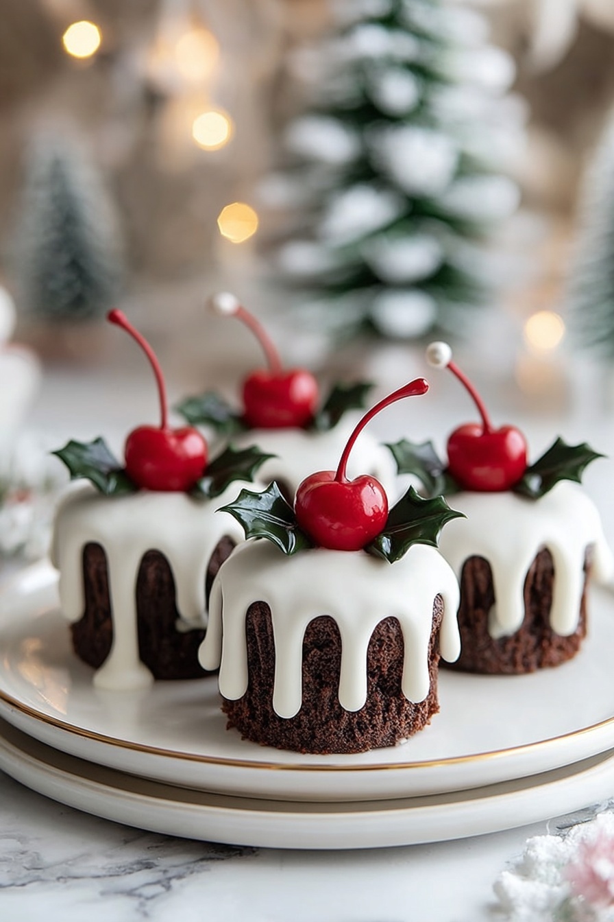There are four small chocolate cupcakes arranged on a white round plate with a gold edge, placed on a white marbled surface. Each cupcake is topped with thick, white icing that drips down the sides in uneven layers. On top of each cupcake, there is a bright red cherry with a long stem and two dark green holly leaves positioned below the cherry. The background is blurry but shows a Christmas tree with white frosted branches and glowing lights. Photo taken with an iphone --ar 2:3 --v 7 - Festive Christmas Pudding Cupcakes, Christmas pudding cupcakes, holiday cupcake recipes, Christmas dessert ideas, festive cupcake ideas