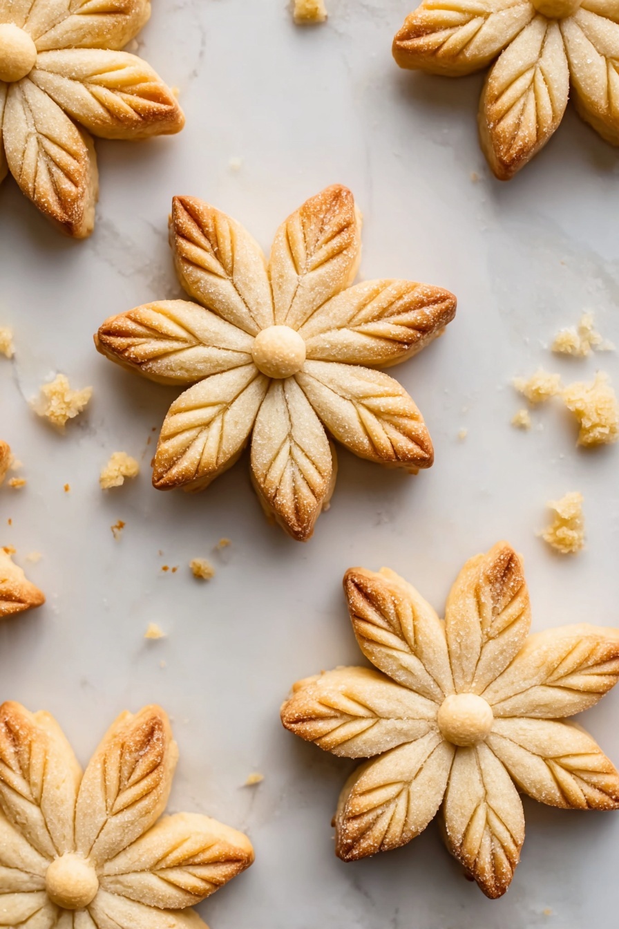 The image shows several flower-shaped cookies placed on a white marbled surface. Each cookie has six pointed petals with a slightly golden-brown edge and light beige color inside. The petals have a leaf-like texture with thin lines running from the center to the tips. The center of each flower cookie has a small round ball of dough, simple and smooth in texture. Some cookies are fully visible, others partially in the frame, all evenly spaced with a few crumbs scattered around. The lighting is soft, highlighting the texture and slight browning on the cookies, photo taken with an iphone --ar 2:3 --v 7 - Snowflake Cookies, Christmas cookies, holiday treats, festive baking, winter cookies