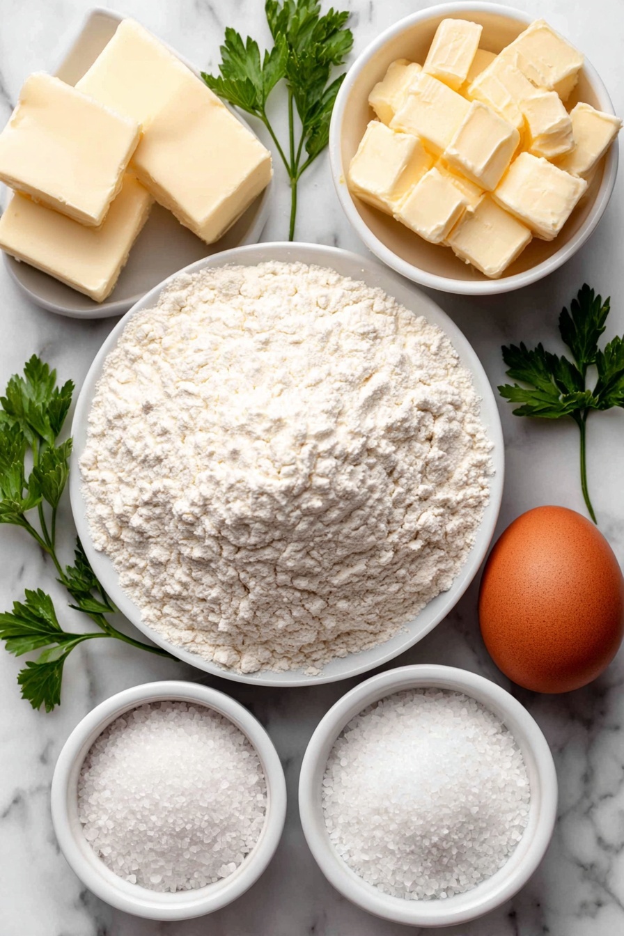 Flat lay of a small mound of all-purpose flour, two bright green sprigs of fresh parsley, a small white ceramic bowl filled with granulated sugar, a small white ceramic bowl holding fine sea salt crystals, a small white ceramic bowl containing instant yeast powder, a small white ceramic bowl with warm milk, a whole large brown egg with a smooth clean shell, a small white ceramic bowl with softened unsalted butter, a small white ceramic bowl with minced fresh garlic, and a small white ceramic bowl filled with flaky sea salt crystals, all arranged symmetrically on a clean white marble surface, soft natural light, photo taken with an iPhone, professional food photography style, fresh ingredients, white ceramic bowls, no bottles, no duplicates, no utensils, no packaging --ar 2:3 --v 7 --p m7354615311229779997 - Garlic Bread Rolls Thanksgiving, garlic bread rolls, easy holiday bread, buttery garlic rolls, Thanksgiving side dishes