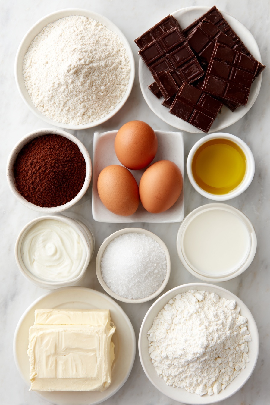 Flat lay of a small mound of all-purpose flour, a heap of granulated sugar, a small white bowl of unsweetened cocoa powder, a teaspoon of baking powder in a small white bowl, a half teaspoon of baking soda in a small white bowl, a small pinch of salt on white ceramic plate, two large brown eggs with clean shells, a small white bowl of golden vegetable oil, a small white bowl of whole milk, a small white bowl of clear vanilla extract, a small white bowl of hot water, a chunk of pale yellow unsalted butter, a heap of powdered sugar on a white ceramic plate, a small white bowl of heavy cream, a small white bowl of green food coloring, small balls of bright red fondant, and small white fondant flowers all arranged symmetrically in a balanced layout on a clean white marble surface, soft natural light, photo taken with an iPhone, professional food photography style, fresh ingredients, white ceramic bowls, no bottles, no duplicates, no utensils, no packaging --ar 2:3 --v 7 --p m7354615311229779997 - Chocolate Wreath Cupcakes with Buttercream Frosting, festive cupcake ideas, holiday cupcake recipes, chocolate cupcake wreath, colorful buttercream decorating