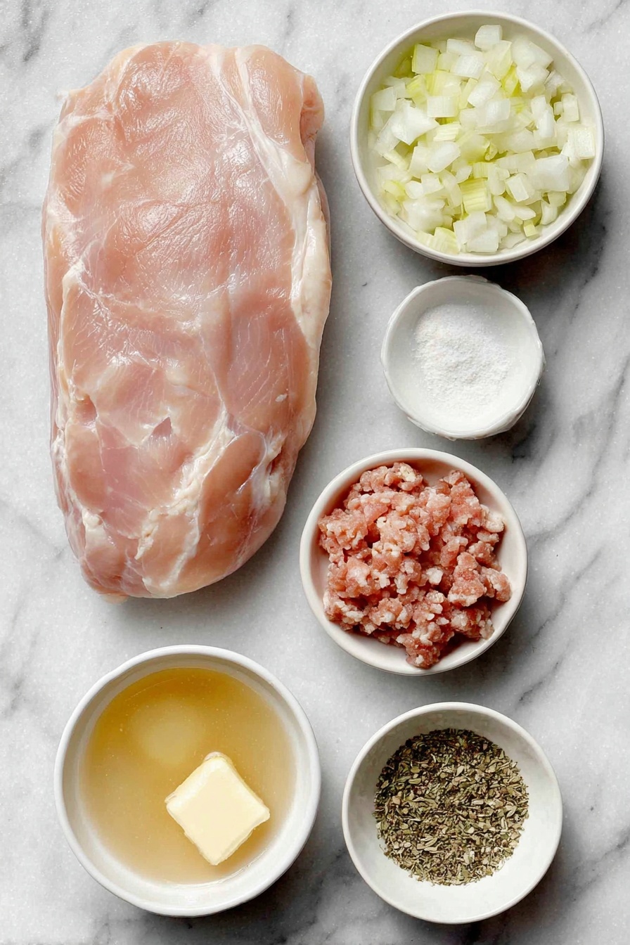 Flat lay of a whole skinless boneless turkey breast, a small mound of Italian sausage meat loose and raw, a few finely diced yellow onion pieces, some finely diced celery stalks, a small white bowl of golden softened unsalted butter, a small white bowl of light chicken broth, a small white bowl of kosher salt, a small white bowl of ground black pepper, a small white bowl of garlic powder, a neat pile of herb stuffing mix, placed on a clean white marble surface, soft natural light, photo taken with an iPhone, professional food photography style, fresh ingredients, white ceramic bowls, no bottles, no duplicates, no utensils, no packaging --ar 2:3 --v 7 --p m7354615311229779997 - Turkey Roulade with Sausage Stuffing, turkey roulade, holiday turkey main dish, stuffed turkey breast recipe, savory sausage stuffing