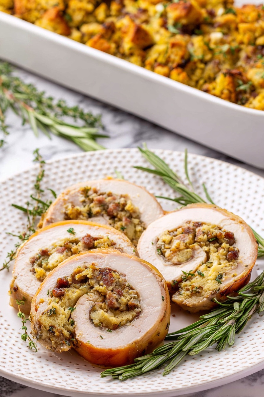 The image shows three thick slices of rolled turkey with a stuffing inside on a white plate with a dotted edge. The turkey skin is golden brown and slightly crispy, while the stuffing inside is a mix of light yellow and brown chunks, textured with herbs and small bits of sausage. There are fresh sprigs of green rosemary and thyme placed around the turkey slices on the plate. In the background, a white rectangular baking dish holds the same stuffing, which is a golden-brown mix with small visible herbs, resting on a white marbled surface. The photo taken with an iphone --ar 2:3 --v 7 - Turkey Roulade with Sausage Stuffing, turkey roulade, holiday turkey main dish, stuffed turkey breast recipe, savory sausage stuffing