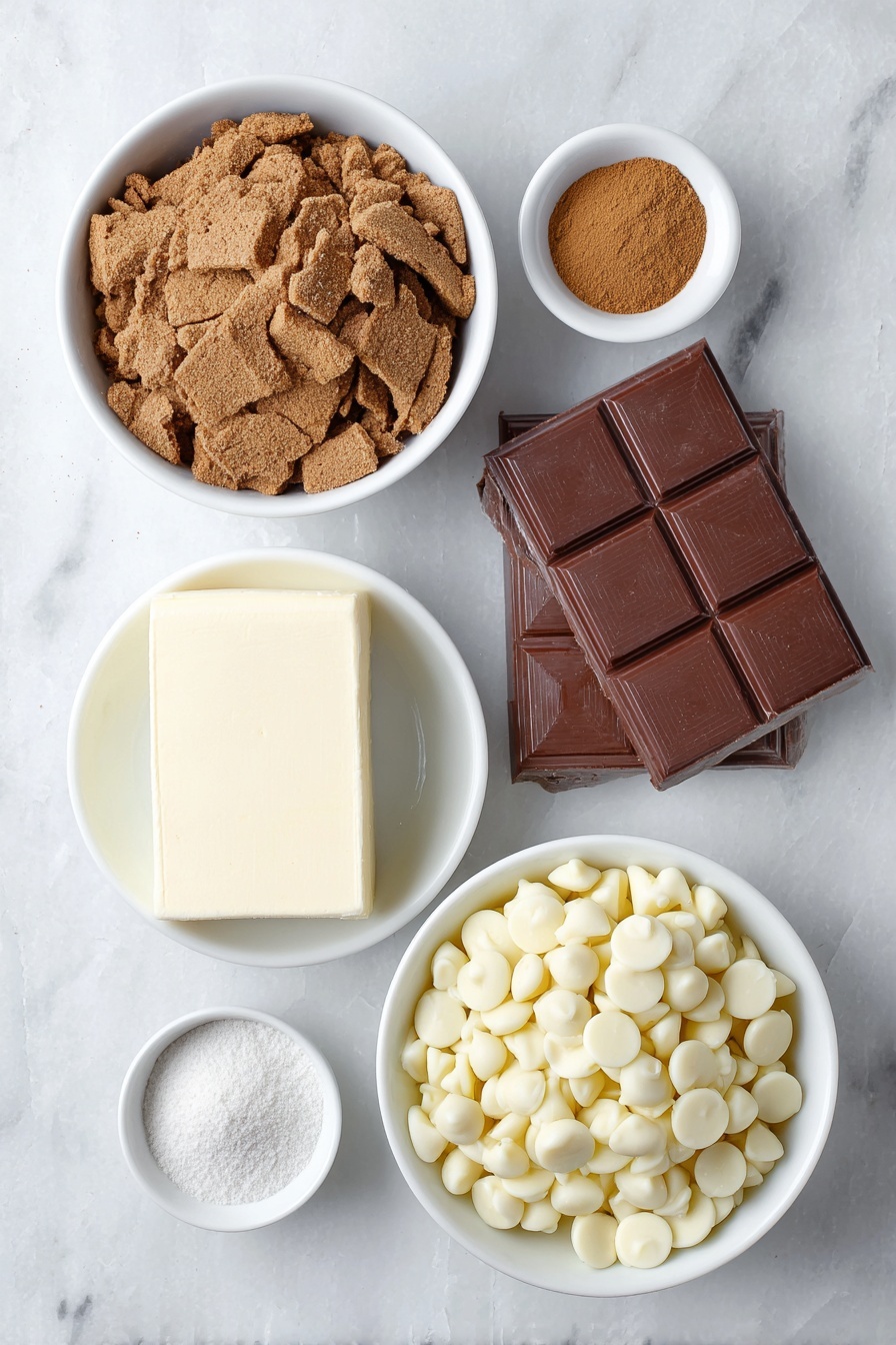 Flat lay of crushed gingerbread cookies in a simple white ceramic bowl, a whole block of cream cheese with one corner sliced revealing the creamy inside, a small white bowl with ground cinnamon powder, a small white bowl with ground nutmeg powder, a small white bowl with ground cloves powder, a small white bowl holding golden vanilla extract, and a simple white ceramic bowl filled with shiny white chocolate chips, placed on a clean white marble surface, soft natural light, photo taken with an iPhone, professional food photography style, fresh ingredients, white ceramic bowls, no bottles, no duplicates, no utensils, no packaging --ar 2:3 --v 7 --p m7354615311229779997 - Gingerbread Truffles, festive holiday treats, easy gingerbread desserts, creamy cookie truffles, holiday dessert recipes