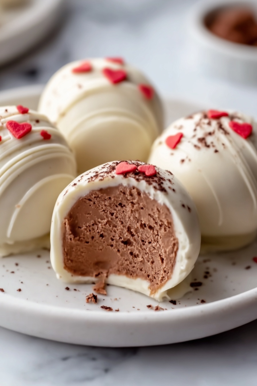 The image shows four round white chocolate-covered truffles placed on a white plate, which sits on a white marbled surface. Each truffle has a smooth, shiny white chocolate coating with a few small red heart-shaped sprinkles on top for decoration. One truffle is cut open to show the inside, revealing a rich, creamy milk chocolate filling with a soft texture. Some cocoa powder is lightly dusted on one of the truffles, adding a dark brown contrast to the white chocolate. The photo taken with an iphone --ar 2:3 --v 7 - Gingerbread Truffles, festive holiday treats, easy gingerbread desserts, creamy cookie truffles, holiday dessert recipes