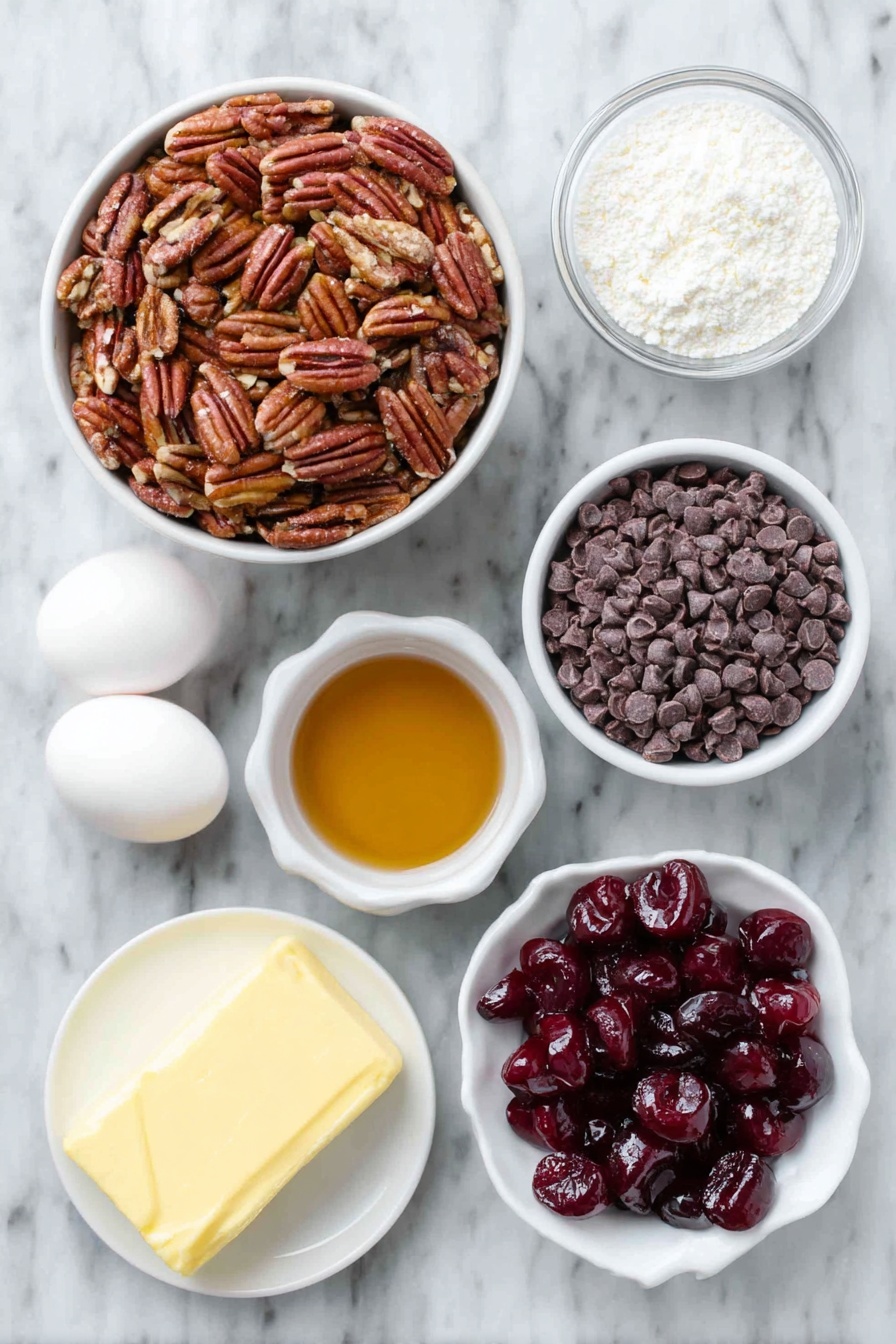 Flat lay of finely chopped pecans in a small white ceramic bowl, a small white bowl filled with amber bourbon liquid, finely chopped bright red maraschino cherries in a small white bowl, a stick of softened pale yellow butter on a white ceramic dish, a mound of white powdered sugar in a small white bowl, glossy semi-sweet chocolate chips in a small white bowl, two smooth white eggs, a small white bowl with solid white shortening or coconut oil, and bright red glossy candied cherry halves arranged neatly on a white ceramic plate, all placed on a clean white marble surface, soft natural light, photo taken with an iPhone, professional food photography style, fresh ingredients, white ceramic bowls, no bottles, no duplicates, no utensils, no packaging --ar 2:3 --v 7 --p m7354615311229779997 - Cherry Bourbon Balls, Cherry Bourbon Balls recipe, no-bake bourbon treats, festive chocolate truffles, holiday party desserts