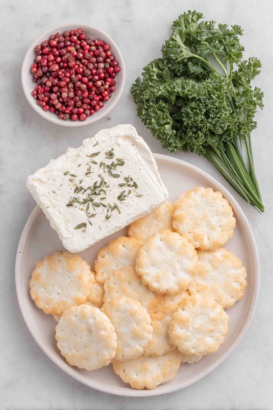 Flat lay of twelve round rice crackers arranged neatly, a small pile of fresh bright green curly parsley leaves, three long vibrant green chive stalks, a small square of creamy herbed goat cheese on a simple white ceramic plate, a cluster of a dozen vivid pink peppercorns in a small white ceramic bowl placed symmetrically, all placed on a clean white marble surface, soft natural light, photo taken with an iPhone, professional food photography style, fresh ingredients, white ceramic bowls, no bottles, no duplicates, no utensils, no packaging --ar 2:3 --v 7 --p m7354615311229779997 - Festive Goat Cheese Christmas Appetizer Bites, Christmas appetizer ideas, holiday party appetizers, easy holiday appetizers, festive cheese bites