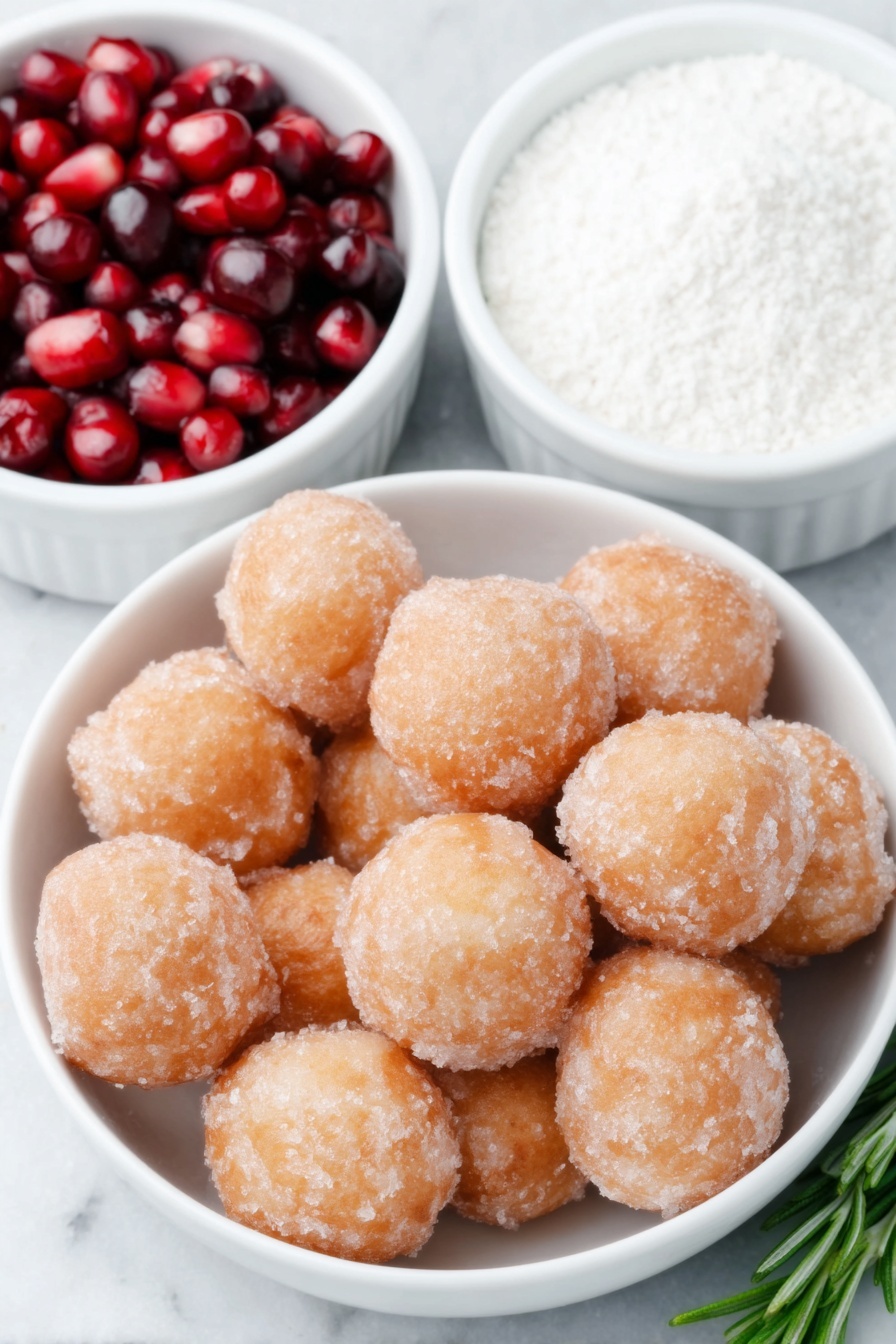 Flat lay of fresh golden donut holes dusted lightly with powdered sugar, a small white ceramic bowl filled with bright red pomegranate arils, several fresh green rosemary sprigs with vibrant needles, and a small white ceramic bowl holding fine white powdered sugar, all arranged symmetrically with balanced spacing, placed on a clean white marble surface, soft natural light, photo taken with an iPhone, professional food photography style, fresh ingredients, white ceramic bowls, no bottles, no duplicates, no utensils, no packaging --ar 2:3 --v 7 --p m7354615311229779997 - Christmas Donut Tree, festive holiday desserts, holiday donut decorations, easy Christmas treats, edible Christmas decor