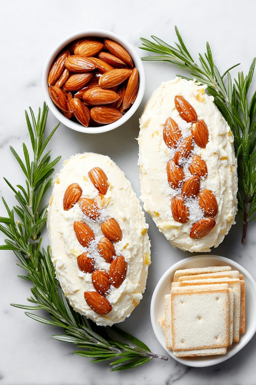 Flat lay of two oval-shaped mounds of creamy Neufchatel cheese mixed with shredded Gruyere cheese, one covered with whole toasted almonds arranged in neat rows, the other adorned with toasted sliced almonds similarly placed, six fresh rosemary sprigs with vibrant green needles artfully tucked around the cheese balls, a small white ceramic bowl filled with dry onion soup mix powder, and a simple white ceramic plate holding a neat stack of golden Wheat Thins crackers, all placed on a clean white marble surface, soft natural light, photo taken with an iPhone, professional food photography style, fresh ingredients, white ceramic bowls, no bottles, no duplicates, no utensils, no packaging --ar 2:3 --v 7 --p m7354615311229779997 - Pinecone Cheese Ball with Almonds and Rosemary, festive cheese ball, appetizer ideas, party cheese platter, elegant cheese appetizer