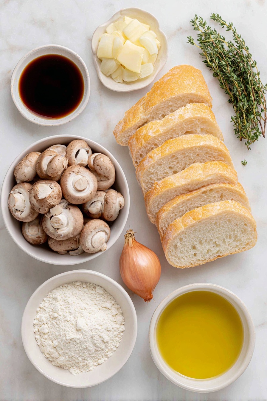 Flat lay of a small bunch of fresh thyme leaves, a cluster of whole cremini mushrooms, a single uncracked shallot with its natural skin, a fresh crusty baguette sliced into about fourteen thin pieces, a small white ceramic bowl filled with golden olive oil, another small white bowl containing dark amber sherry vinegar, a tiny white bowl with fine white flour, and a small bowl holding clear vegetable stock, all arranged with perfect symmetry on a clean white marble surface, soft natural light, photo taken with an iPhone, professional food photography style, fresh ingredients, white ceramic bowls, no bottles, no duplicates, no utensils, no packaging --ar 2:3 --v 7 --p m7354615311229779997 - Mushroom Thyme Crostini, mushroom appetizer, savory crostini, quick party appetizer, mushroom and thyme snack