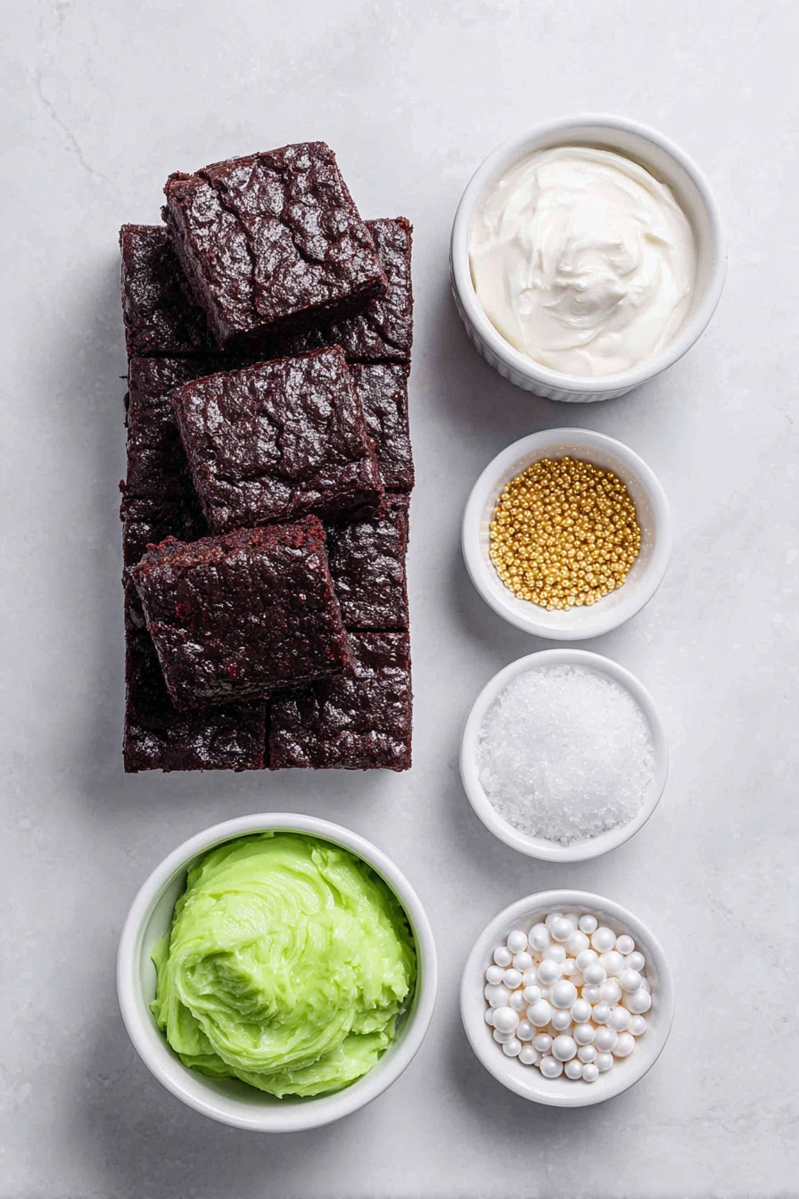 Flat lay of a stack of rich, square homemade brownies with a dark, fudgy texture, a small white ceramic bowl of smooth white frosting, another small white bowl with bright red-tinted frosting, a third small white bowl filled with vibrant green-tinted frosting, a handful of shiny edible gold star sprinkles scattered neatly next to a small pile of glossy white pearl sprinkles, all arranged with perfect symmetry and balance on a clean white marble surface, soft natural light, photo taken with an iPhone, professional food photography style, fresh ingredients, white ceramic bowls, no bottles, no duplicates, no utensils, no packaging --ar 2:3 --v 7 --p m7354615311229779997 - Festive Christmas Brownie Decorations, Christmas brownie ideas, Holiday brownie decorating tips, Fudgy Christmas brownies, Christmas dessert decorating