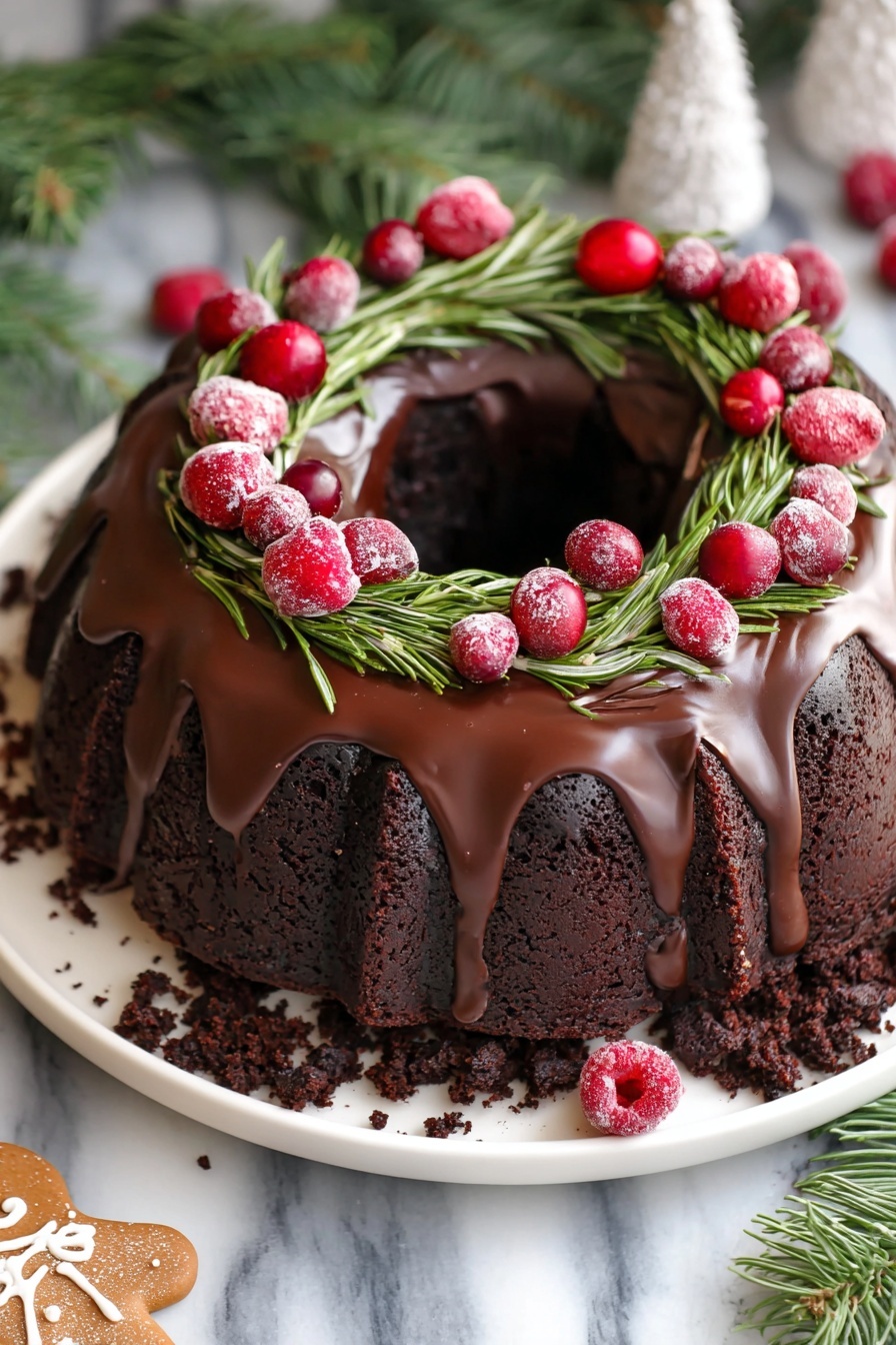 A dark chocolate bundt cake with one thick layer, covered with smooth chocolate glaze that drips down the sides. The top is decorated like a Christmas wreath with green rosemary sprigs arranged around the ring, topped with red raspberries and cranberries placed evenly on the glaze. The cake is on a white plate with crumbled chocolate pieces scattered around the base. The setting includes green pine branches and a small gingerbread man cookie near the plate, all on a white marbled surface. Photo taken with an iphone --ar 2:3 --v 7 - Gingerbread Chocolate Bundt Cake, holiday dessert recipe, festive chocolate cake, gingerbread spice cake, easy holiday cake