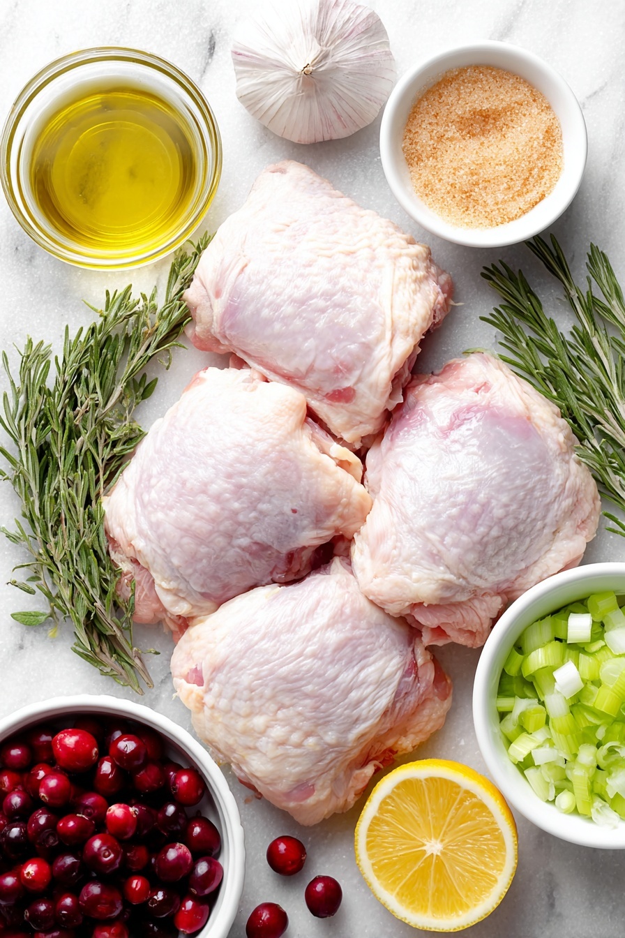Flat lay of fresh whole bone-in skin-on chicken breasts and thighs arranged neatly, a small pile of bright red fresh cranberries, a small white ceramic bowl filled with golden brown sugar, a small white bowl holding clear white wine vinegar, a small bunch of vibrant green fresh rosemary sprigs, several whole uncracked garlic cloves with papery skins intact, a small white bowl of extra virgin olive oil, chopped pale green celery stalks, chopped large yellow onion pieces, a whole fresh lemon halved to show juicy bright yellow interior, a few sprigs of rosemary for garnish, placed on a clean white marble surface, soft natural light, photo taken with an iPhone, professional food photography style, fresh ingredients, white ceramic bowls, no bottles, no duplicates, no utensils, no packaging --ar 2:3 --v 7 --p m7354615311229779997 - Cranberry Rosemary Chicken Bake, Cranberry Rosemary Chicken, festive chicken bake, easy holiday chicken, flavorful baked chicken
