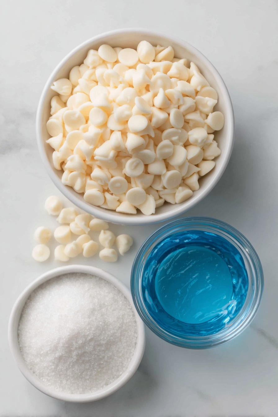 Flat lay of white chocolate chips scattered loosely, a small white ceramic bowl of heavy cream, a small white ceramic bowl filled with vibrant blue liquid Blue Curacao, and a small white ceramic bowl holding sparkling white sanding sugar, all arranged symmetrically and balanced, placed on a clean white marble surface, soft natural light, photo taken with an iPhone, professional food photography style, fresh ingredients, white ceramic bowls, no bottles, no duplicates, no utensils, no packaging --ar 2:3 --v 7 --p m7354615311229779997 - Blue Curacao White Chocolate Truffles, easy blue chocolate truffles, citrus white chocolate desserts, holiday truffle recipes, elegant homemade chocolates