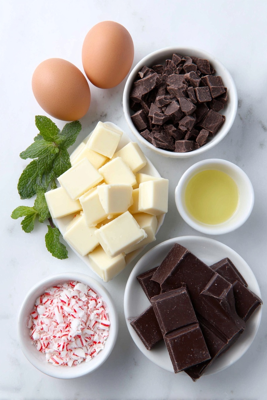 Flat lay of coarsely chopped white chocolate chunks in a small white ceramic bowl, coarsely chopped semi-sweet chocolate pieces in another small white ceramic bowl, two whole uncracked brown eggs, a few sprigs of fresh peppermint leaves, small white ceramic bowls each containing a clear liquid vegetable oil and translucent peppermint extract, and a simple white ceramic bowl filled with crushed candy cane pieces, arranged symmetrically and balanced in realistic proportions, placed on a clean white marble surface, soft natural light, photo taken with an iPhone, professional food photography style, fresh ingredients, white ceramic bowls, no bottles, no duplicates, no utensils, no packaging --ar 2:3 --v 7 --p m7354615311229779997 - Peppermint White Chocolate Bark, festive holiday treats, easy holiday dessert, peppermint candy bark, white chocolate Christmas snack