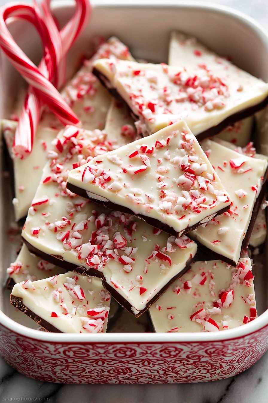 A stack of six rectangular peppermint bark pieces sits on a white plate, each piece showing three clear layers: a thick bottom layer of smooth white chocolate, a middle layer of rich dark chocolate, and a top layer of white chocolate sprinkled with crushed red and white peppermint bits, giving a textured and colorful finish. The stack is centered on a white marbled surface with a clean, simple background. Photo taken with an iphone --ar 2:3 --v 7 - Peppermint White Chocolate Bark, festive holiday treats, easy holiday dessert, peppermint candy bark, white chocolate Christmas snack