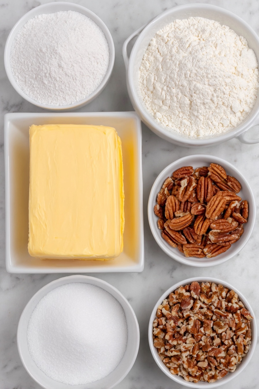 Flat lay of unsalted butter block softened and slightly creamy, a small white bowl with fine confectioners’ sugar, a small white bowl with pure vanilla extract, a small white bowl with all-purpose flour, a small white bowl with fine salt, a small white bowl with chopped and toasted pecans, all ingredients fresh and natural, arranged in perfect symmetry on simple white ceramic bowls placed on a clean white marble surface, soft natural light, photo taken with an iPhone, professional food photography style, fresh ingredients, white ceramic bowls, no bottles, no duplicates, no utensils, no packaging --ar 2:3 --v 7 --p m7354615311229779997 - Christmas Snowball Cookies, holiday cookie recipes, melt-in-your-mouth Christmas cookies, easy holiday cookies, buttery snowball cookies