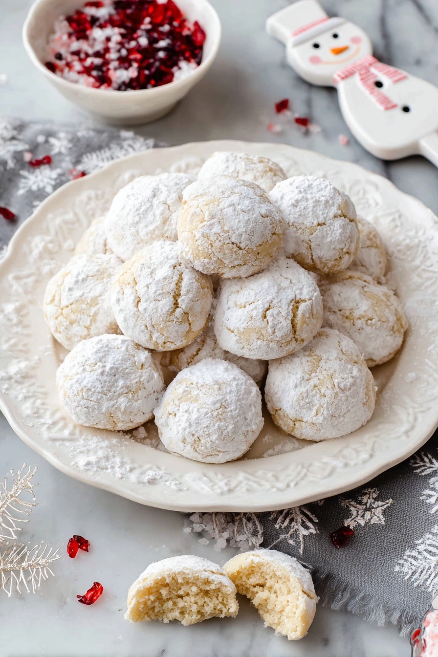 A white ornate plate filled with about fifteen round cookies stacked in a small heap, each cookie covered with a thick layer of white powdered sugar. The cookies are a pale golden color beneath the sugar, lightly textured with small visible bits inside. One cookie is broken in half, placed on top of the pile, showing a dense, crumbly interior. The plate sits on a white marbled surface, with a small patterned cloth and a tag slightly visible in the background. The overall look is bright, soft, and inviting. photo taken with an iphone --ar 2:3 --v 7 - Christmas Snowball Cookies, holiday cookie recipes, melt-in-your-mouth Christmas cookies, easy holiday cookies, buttery snowball cookies