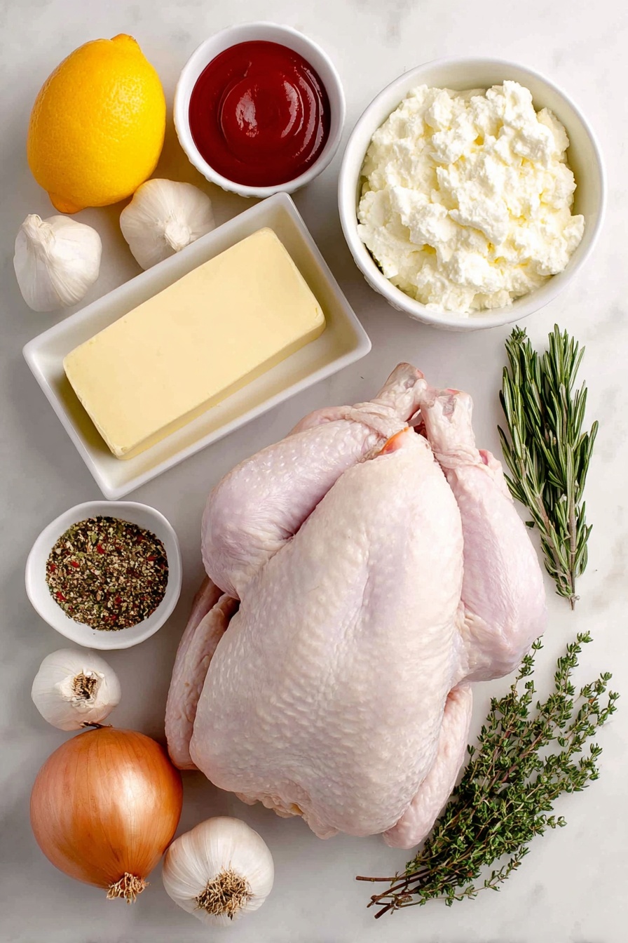 Flat lay of a whole fresh raw turkey with pale pink skin, a small white ceramic bowl filled with thick creamy buttermilk, a small white ceramic bowl holding bright red hot sauce, a stick of salted butter at room temperature, a pile of mixed all-purpose seasoning blend with visible herbs and spices, a whole brown onion, a whole bright yellow lemon, a whole vibrant orange, a whole garlic bulb with white papery skin, two sprigs of fresh green thyme, two sprigs of fresh green rosemary, two sprigs of fresh green sage, all arranged symmetrically on a clean white marble surface, soft natural light, photo taken with an iPhone, professional food photography style, fresh ingredients, white ceramic bowls, no bottles, no duplicates, no utensils, no packaging --ar 2:3 --v 7 --p m7354615311229779997 - Buttermilk Brined Thanksgiving Turkey, moist turkey recipe, flavorful turkey marinade, easy holiday turkey, juicy roasted turkey