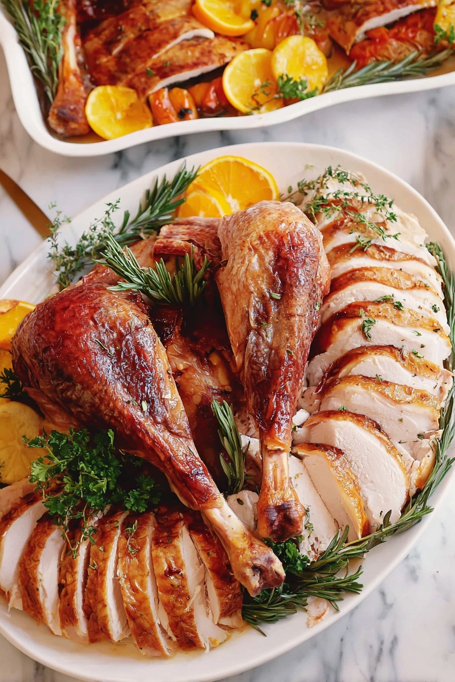 A white plate displays a roasted turkey arranged with two crispy, golden-brown turkey legs crossed in the center, surrounded by neatly sliced turkey breast pieces in light brown with a slightly crispy skin on the outer edges, fanning out along the plate's curve. Garnished with sprigs of green rosemary and thyme, the plate also includes some slices of orange and lemon placed near the edges, creating a fresh contrast against the rich turkey colors. The background features a white marbled surface, and part of a rectangular dish with more turkey and yellow tomatoes is visible in the upper part of the image. Photo taken with an iphone --ar 2:3 --v 7 - Buttermilk Brined Thanksgiving Turkey, moist turkey recipe, flavorful turkey marinade, easy holiday turkey, juicy roasted turkey