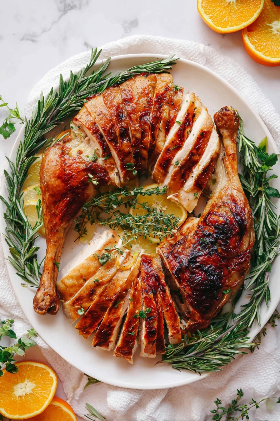 A white plate holds three layers of cooked turkey: two layers of sliced turkey with golden brown crispy skin arranged on opposite sides, and in the center, two whole cooked turkey legs with browned and slightly charred skin lying on top. Green herbs like rosemary and thyme are placed around and on the turkey for decoration. The plate sits on a white marbled surface with white cloth underneath and slices of orange and lemon nearby. The image is bright and clear. photo taken with an iphone --ar 2:3 --v 7 - Buttermilk Brined Thanksgiving Turkey, moist turkey recipe, flavorful turkey marinade, easy holiday turkey, juicy roasted turkey