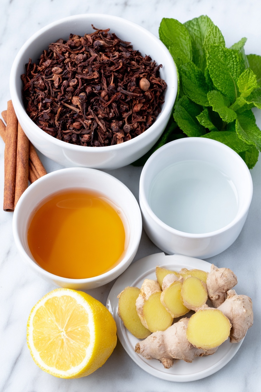 Flat lay of a small white ceramic bowl with loose black tea leaves, a single cinnamon stick broken into pieces, thinly sliced fresh ginger root arranged neatly, a few whole cloves scattered nearby, a small white ceramic bowl filled with clear water, a small white ceramic bowl of fresh lemon juice, a small white ceramic bowl with golden honey, and a fresh lemon slice placed beside the honey bowl, placed on a clean white marble surface, soft natural light, photo taken with an iPhone, professional food photography style, fresh ingredients, white ceramic bowls, no bottles, no duplicates, no utensils, no packaging --ar 2:3 --v 7 --p m7354615311229779997 - Non-Alcoholic Spiced Hot Toddy, cozy non-alcoholic winter drinks, warm spicy tea with lemon and honey, alcohol-free hot toddy recipe, comforting hot beverage