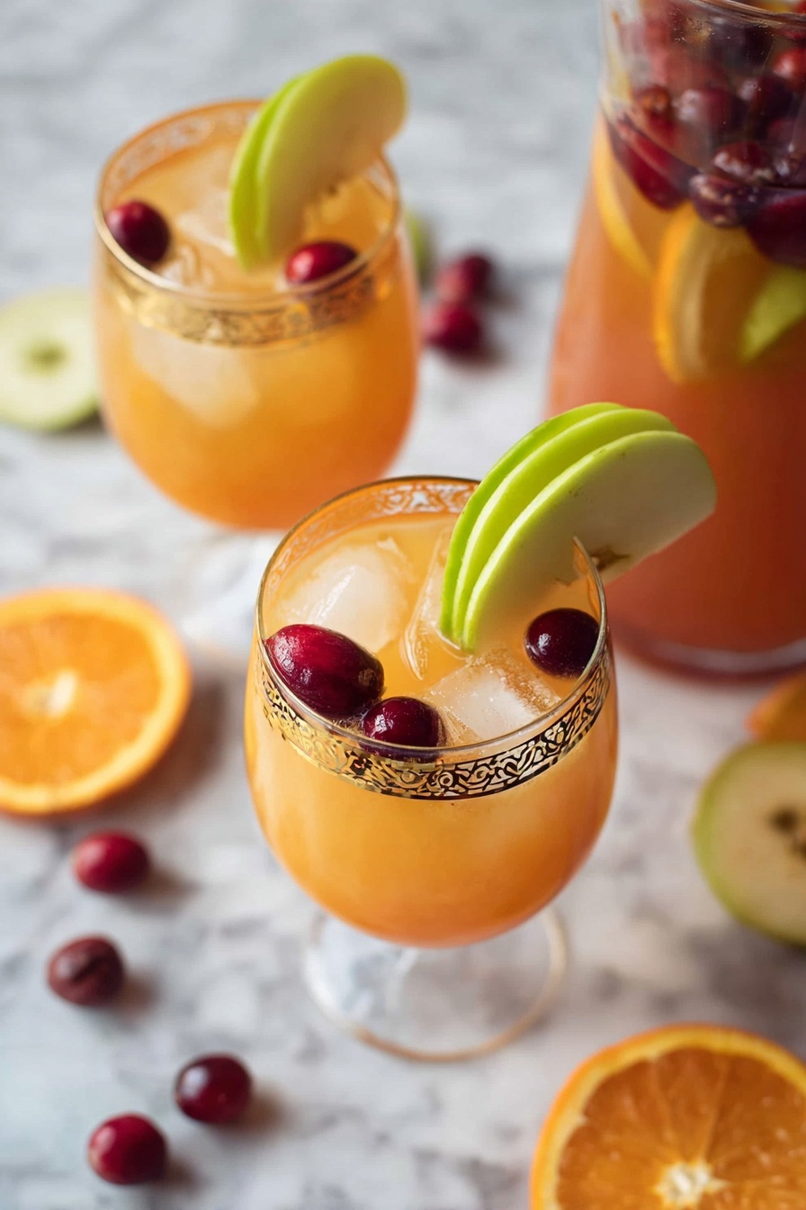 A clear glass jar filled with bright orange juice as the main layer, surrounded by circular orange slices pressed against the inside of the jar near the bottom. Floating on top are dark red cranberries. A clear liquid is being poured into the jar from a blue bottle positioned to the right. Around the jar on a white marbled surface are halved green and red apples, halved oranges, and scattered cranberries. The background is a grey textured brick wall. photo taken with an iphone --ar 2:3 --v 7 - Virgin Cranberry Sangria, non-alcoholic festive drinks, healthy holiday mocktail, easy fruit sangria, family-friendly party beverages