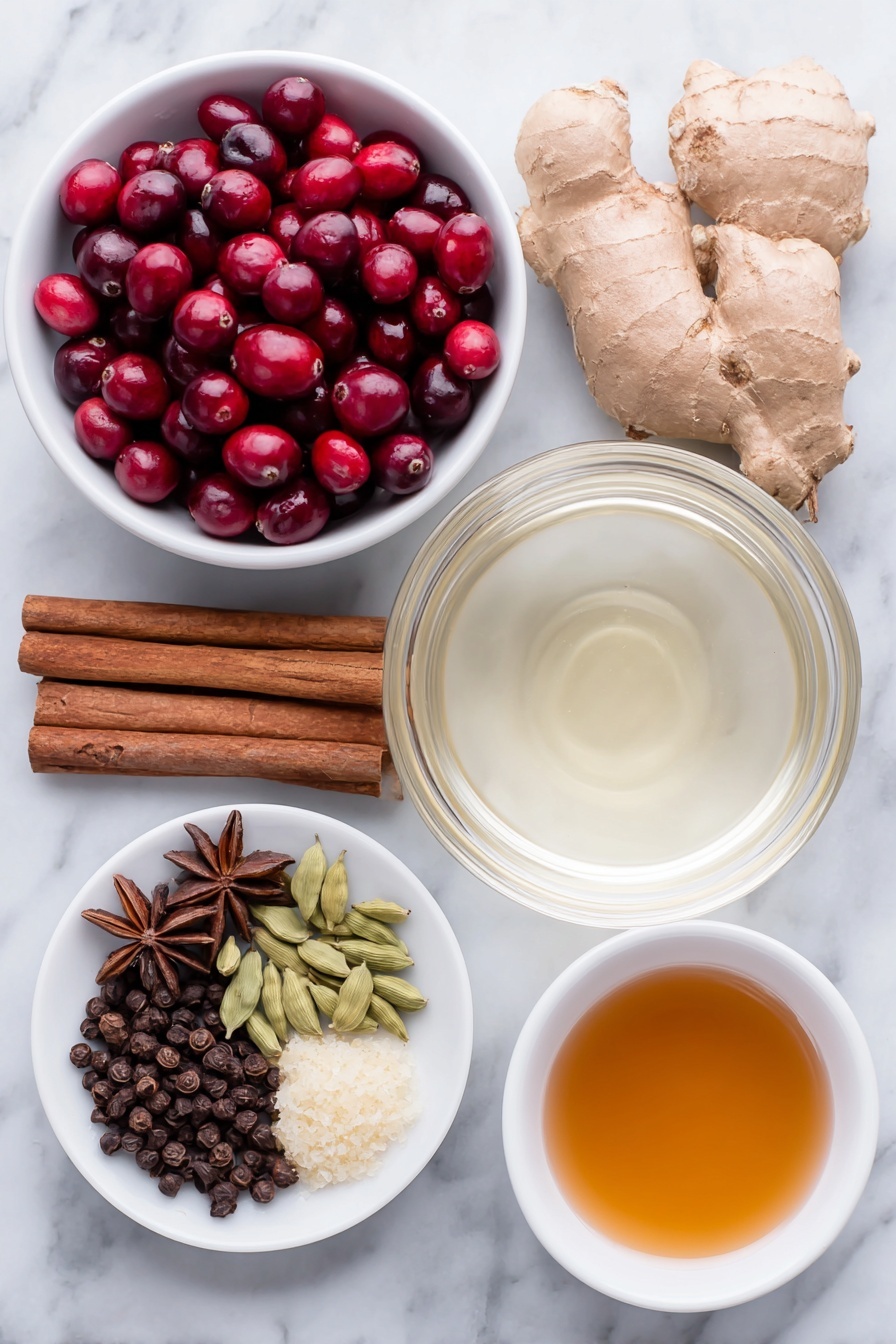 Flat lay of fresh bright red cranberries scattered beside a small pile of vibrant orange zest strips, a single smooth cinnamon stick, three whole brown cloves, three pale green cardamom pods, three round dark allspice berries, one dark brown star anise pod, a small mound of finely grated fresh ginger root, a small white ceramic bowl filled with freshly squeezed orange juice, and another small white ceramic bowl holding golden agave syrup, all arranged symmetrically around a large white ceramic bowl filled with clear cold water, placed on a clean white marble surface, soft natural light, photo taken with an iPhone, professional food photography style, fresh ingredients, white ceramic bowls, no bottles, no duplicates, no utensils, no packaging --ar 2:3 --v 7 --p m7354615311229779997 - Spiced Cranberry Juice, cranberry juice with spices, festive cranberry drink, cozy cranberry beverage, homemade spiced cranberry juice
