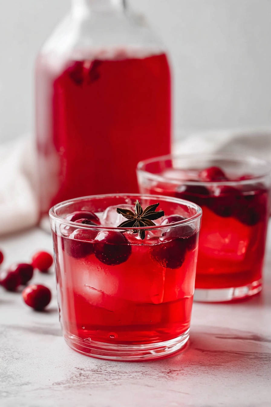 A clear glass holds a bright red drink with several whole red cherries floating on the top layer, alongside a few clear ice cubes giving texture. Two dark brown star anise pieces rest on the cherries as decoration. The glass is placed on a white marbled surface with a twisted gold spoon lying beside it, reflecting light softly. The overall look is clean and inviting, with rich red color contrasting the white background. photo taken with an iphone --ar 2:3 --v 7 - Spiced Cranberry Juice, cranberry juice with spices, festive cranberry drink, cozy cranberry beverage, homemade spiced cranberry juice