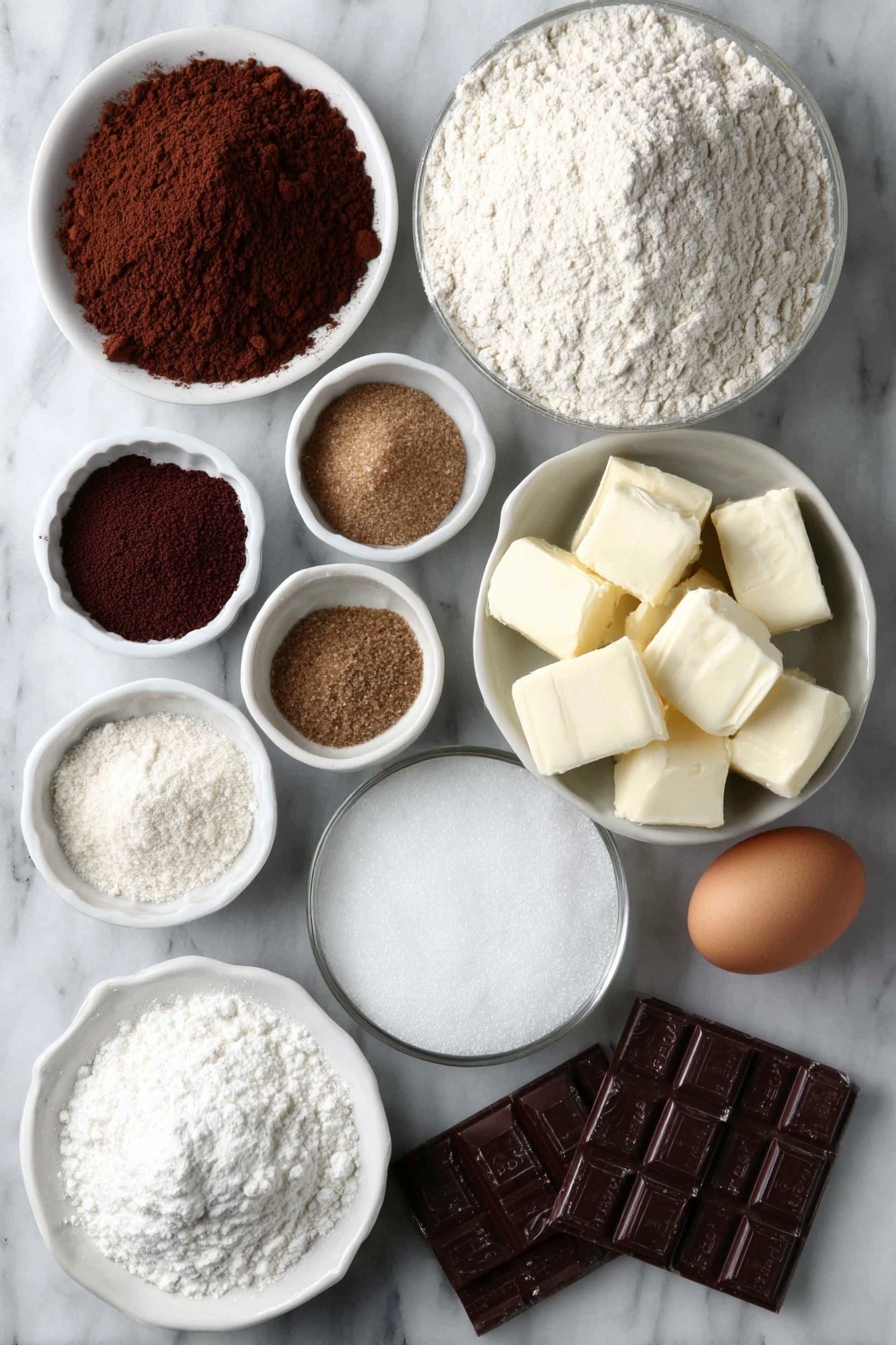 Flat lay of a small mound of all-purpose flour, a small white bowl filled with unsweetened cocoa powder, a small pile of dark brown sugar, a small white bowl of ground cinnamon, a small white bowl of ground ginger, a small white bowl of ground cloves, a few grains of salt scattered, a small white bowl with fresh orange zest, twelve pieces of unsalted butter cut into chunks, one whole uncracked brown egg, a small white bowl of dark molasses, a small pile of finely chopped semisweet chocolate, a small white bowl of white meringue powder, a large white bowl with powdered sugar, a small white bowl of clear water, and a small white bowl with vanilla extract placed in a balanced, symmetrical arrangement on a clean white marble surface, soft natural light, photo taken with an iPhone, professional food photography style, fresh ingredients, white ceramic bowls, no bottles, no duplicates, no utensils, no packaging --ar 2:3 --v 7 --p m7354615311229779997 - Chocolate Gingerbread Cookie, gingerbread chocolate cookies, soft gingerbread cookies with chocolate, holiday gingerbread cookies, spiced chocolate cookies